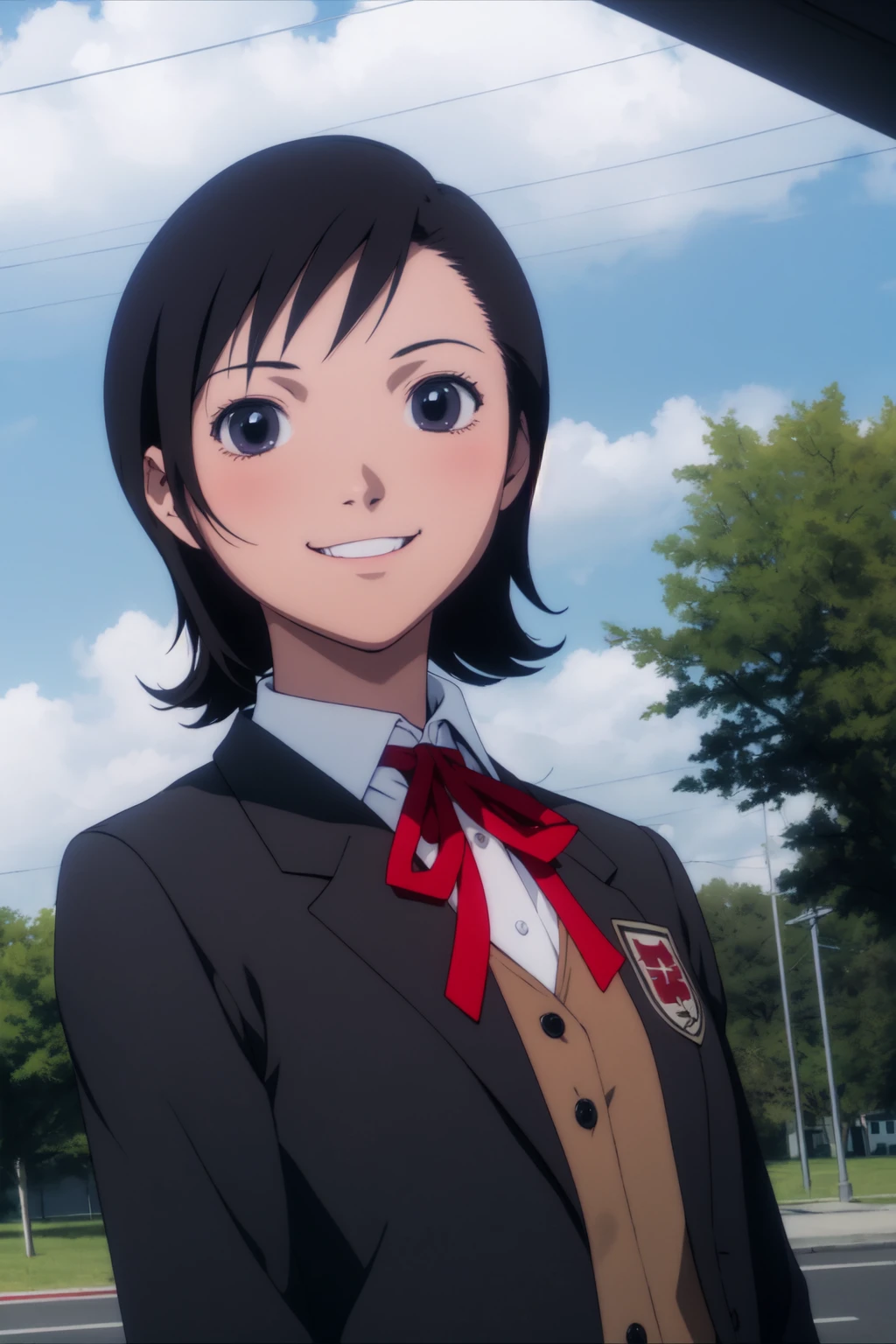 (RAW photo, best quality), 1girl, natural lighting, outdoor, solo, smile, high school girl,
school uniform, high school girl, JK, jacket, ribbon,
<lora:alice_mizuki_lain_v1_2:1> alice_mizuki