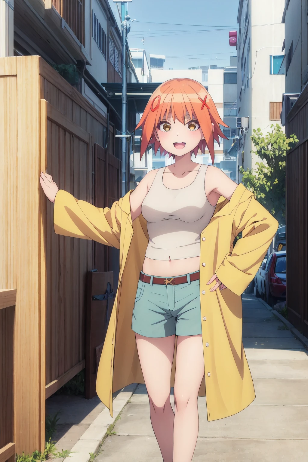 <lora:PonIzumi:1>,ponizumi,shorts,tank top,navel,midriff,coat,off shoulder,looking_at_viewer,:d,