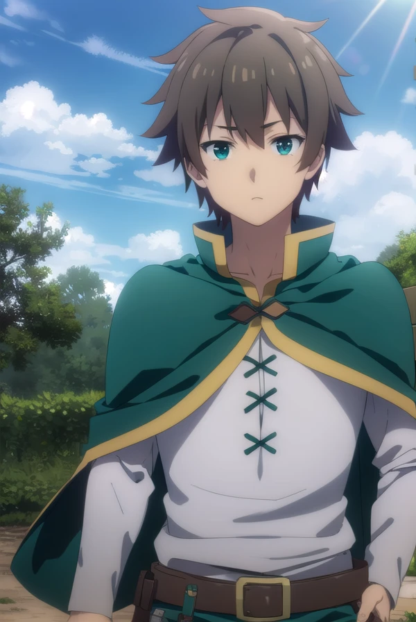 kazumasatou, <lora:kazuma satou movie-lora-nochekaiser:1>,
kazuma satou, short hair, brown hair, (green eyes:1.3), male focus,
BREAK shirt, long sleeves, white shirt, belt, pants, capelet, brown belt,
BREAK outdoor, forest, nature, trees, village, sky, sun, clouds,
BREAK looking at viewer, (cowboy shot:1.5),
BREAK <lyco:GoodHands-beta2:1>, (masterpiece:1.2), best quality, high resolution, unity 8k wallpaper, (illustration:0.8), (beautiful detailed eyes:1.6), extremely detailed face, perfect lighting, extremely detailed CG, (perfect hands, perfect anatomy),