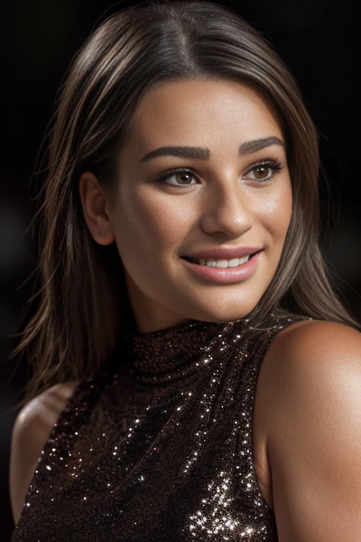 (RAW, analogue, Nikon Z 14mm ultra-wide angle lens, award-winning glamour photograph, ((best quality)), ((masterpiece)), ((realistic)), skin pores, subsurface scattering, radiant light rays, high-res, detailed facial features, high detail, sharp focus, smooth, aesthetic, extremely detailed, (extremely detailed eyes, extremely detailed iris), extremely detailed hair, extremely detailed skin, extremely detailed clothes, octane render, photorealistic, realistic, post-processing, max detail, realistic shadows, roughness, natural skin texture, real life, ultra-realistic, photorealism, photography, 8k UHD, photography, hdr, intricate, elegant, highly detailed, sharp focus, stunning, beautiful, gorgeous), (photorealistic), (realistic), 134mich313, full body, brown hair, brown eyes, bleachers, open mouth, smile, singing, lips, arms in the air, photo \(medium\), high neck sequin dress, upper body, <lora:Lea_Michele_PMv1_Lora:1.3>,, ((Glamour Portrait)), high quality photography, 3 point lighting, flash with softbox, 4k, Canon EOS R3, hdr, smooth, sharp focus, high resolution, award winning photo, 80mm, f2.8, bokeh