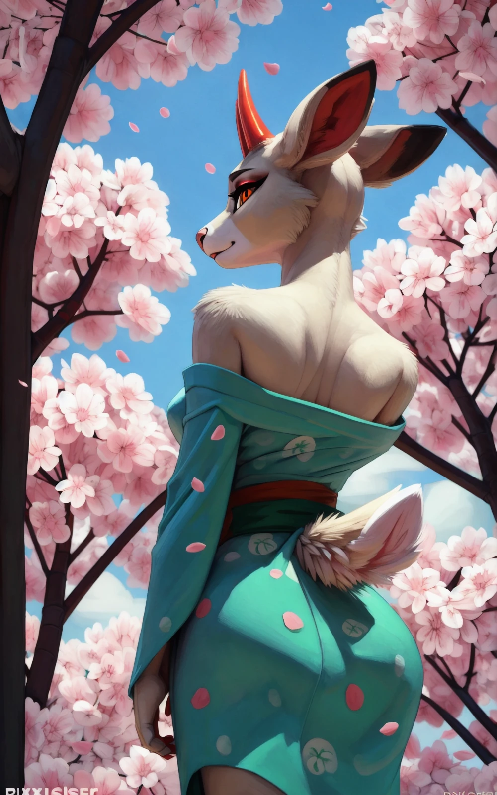 8k,4k,((Best quality, masterpiece, ultra high resolution)),((full body, by pixelsketcher)), <lora:ShinoV2:0.9>,ShinoV2,furry,furry female, breasts, tail, kimono, horns,body fur,red horns,animal ears, sash,deer,deer ears,orange eyes,makeup,eyeshadow, kimono with pattern,white fur ,green kimono,(bare shoulders),outside,slim,skinny,standing,breast,sakura blossoms flower petals japan outdoors,,rear view,breast
