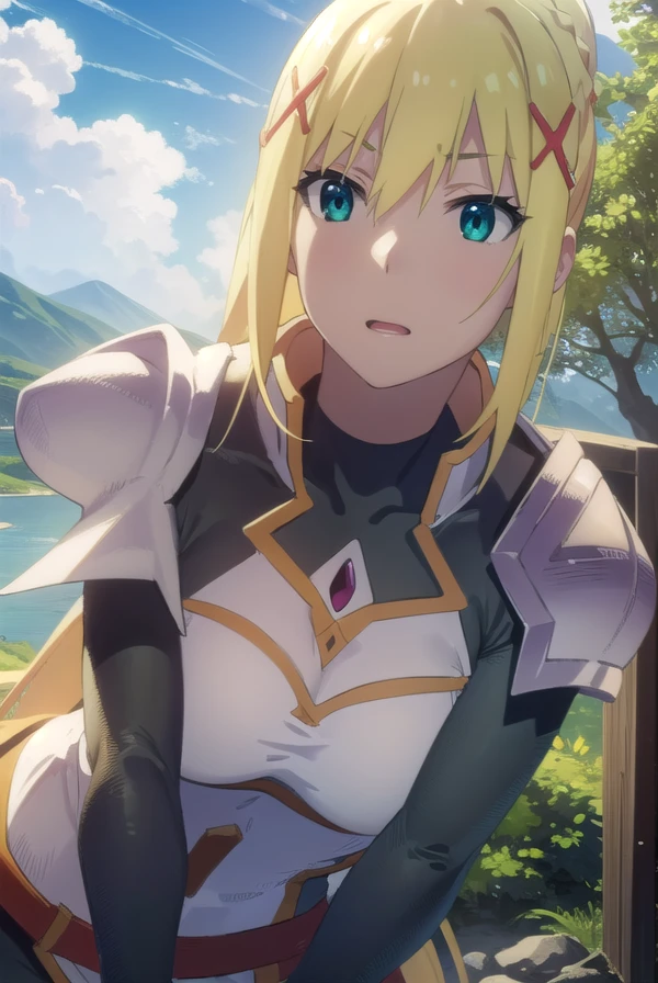 lalatinadustinessford, <lora:lalatina dustiness ford movie-lora-nochekaiser:1>, 
lalatina dustiness ford, darkness \(konosuba\), long hair, (green eyes:1.3), blonde hair, hair ornament, ponytail, braid, x hair ornament,
BREAK gloves, armor, bodysuit, shoulder armor, armored dress,
BREAK outdoor, forest, nature, trees, village, sky, sun, clouds,
BREAK looking at viewer, (cowboy shot:1.5),
BREAK <lyco:GoodHands-beta2:1>, (masterpiece:1.2), best quality, high resolution, unity 8k wallpaper, (illustration:0.8), (beautiful detailed eyes:1.6), extremely detailed face, perfect lighting, extremely detailed CG, (perfect hands, perfect anatomy),