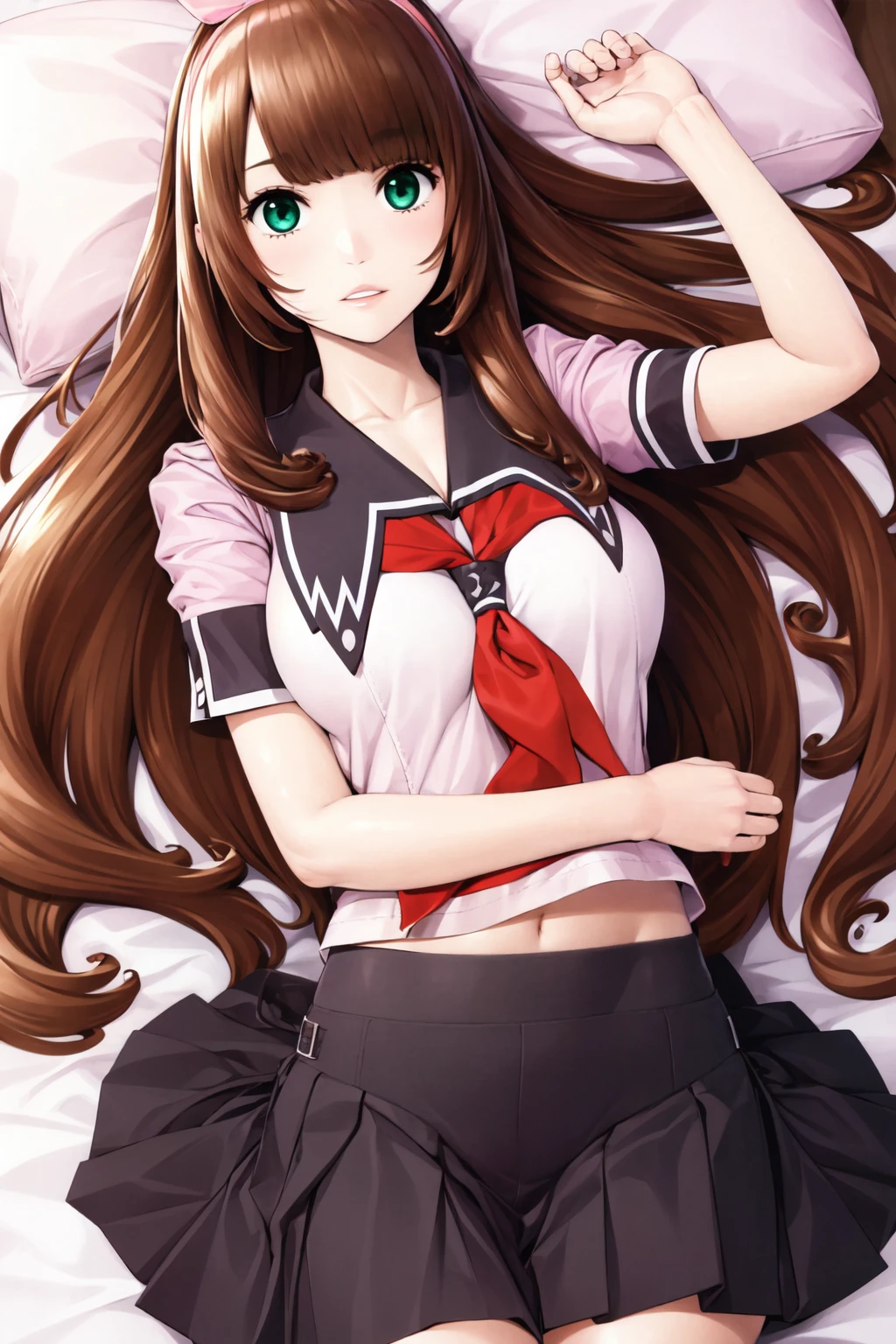 chitoseni, 1girl, solo, hair bow, pink hairband, school uniform, pink shirt, short sleeves, neckerchief, pleated skirt, thighhighs, solo, on back, lying, bed, arm up, midriff, parted lips <lora:chitoseni_V6f-10:0.8>