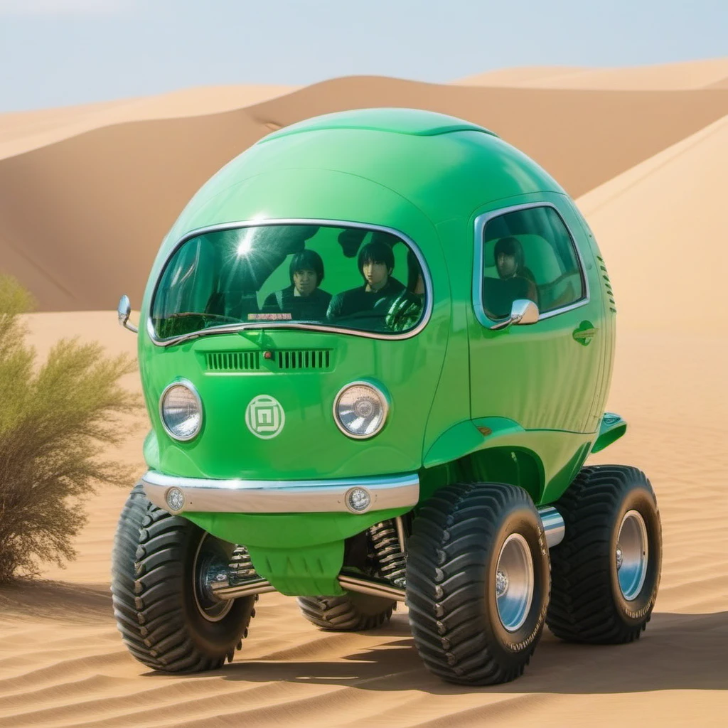 a green bubble monstertruck car, in the desert, highly detailed, attack on titan, photography, ultra sharp, film, professional, 64k <lora:PeaCar1024:0.8> <lora:add-detail-xl:1.5>