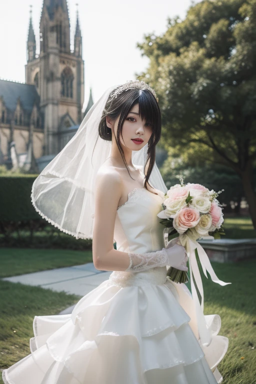 ltra-detailed,highly detailed,best quality,masterpiece,illustration,realistic,photorealistic,
tokisaki kurumi,huajia, 1girl, solo,cowboy shot,
wedding dress, 
looking at viewer, 
outdoors, nature, grass, flower, floating hair, wind,cathedral, 
 <lora:tokisaki kurumi huajia_v8_06:0.7>