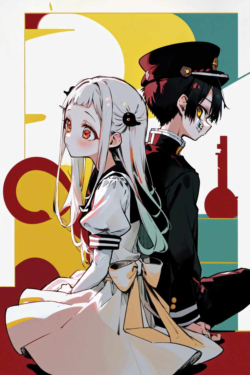 masterpiece, best quality, highres, 1girl nene red eyes, white dress sailor collar puffy sleeves, 1boy hanako yellow eyes, black jacket gakuran hat <lora:hanako_nene_1:1> sitting, back-to-back, from side