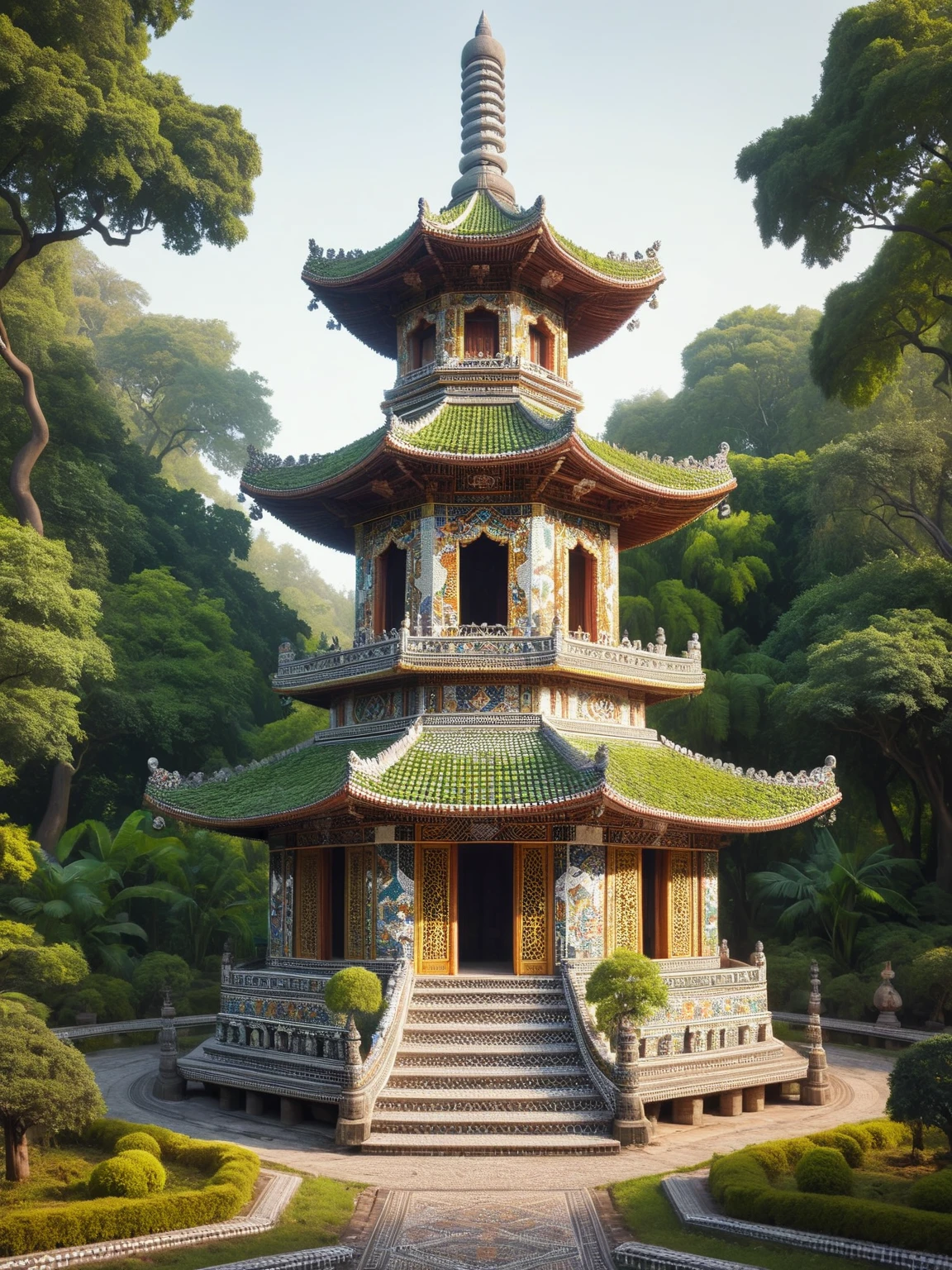A ais-mosaic Pagoda in leafy surroundings <lora:Mosaic_Texture_SDXL:1>