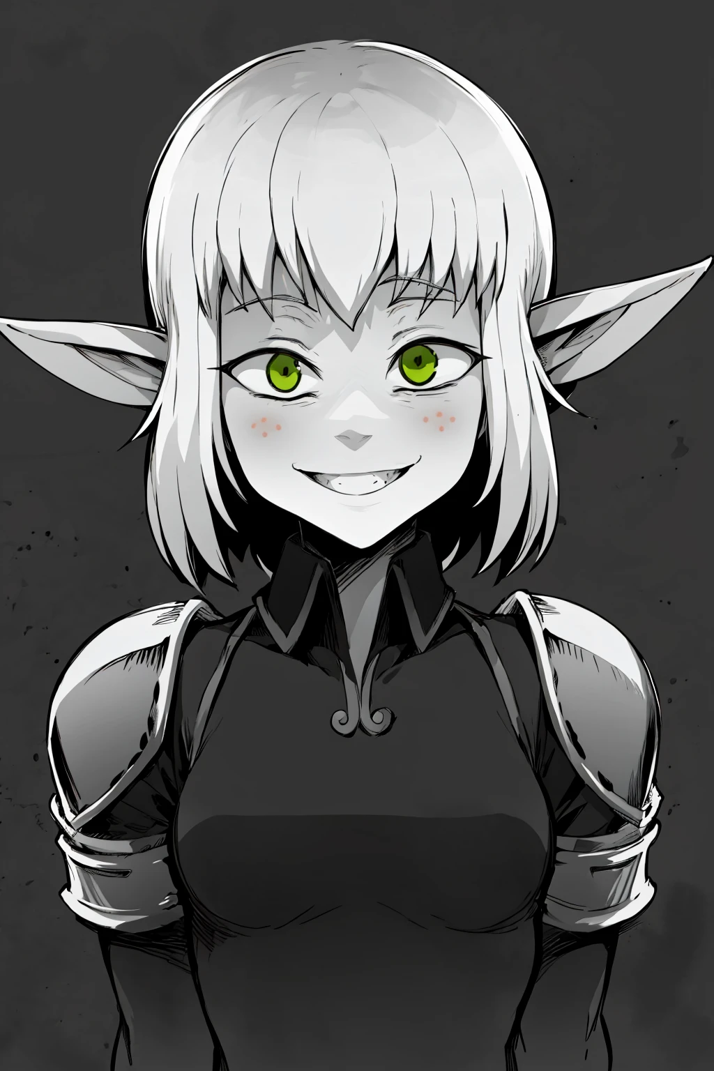 masterpiece, best quality, monochrome, greyscale, ebiblue, evangelyneold, 1girl, white hair, short hair, green eyes, elf, pointy ears, leather armor, upper body, sadistic smile, looking at viewer,  sketch, black background  <lora:Ebiblue:1>  <lora:Evangelynev1:1>