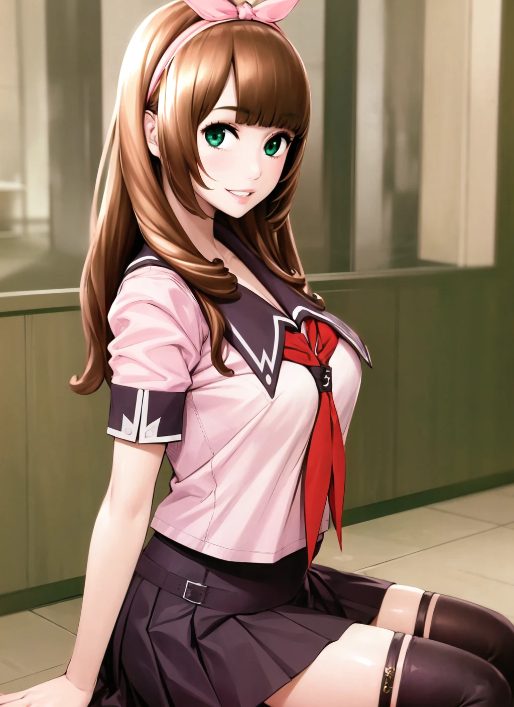 chitoseni, 1girl, solo, hair bow, pink hairband, school uniform, pink shirt, short sleeves, neckerchief, pleated skirt, looking at viewer, parted lips, smile, thighhighs, sitting <lora:chitoseni_V6f-10:0.8>