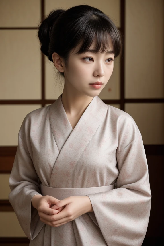 2. Elderly woman (ethnicity: East Asian, age: 80s) in a traditional tea house (setting: serene, Japanese style). She's wearing a classic kimono (fabric: silk, floral pattern) with her hair neatly styled in a traditional bun, and subtle, elegant makeup. She's performing a tea ceremony (detail: graceful, precise movements), her expression peaceful and experienced.