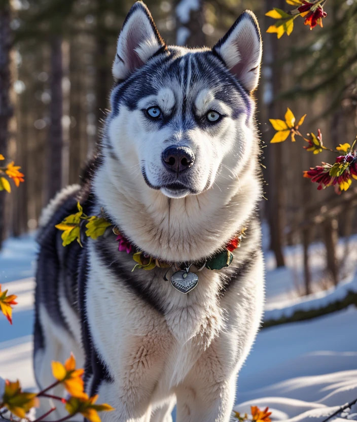 Enchanted forest, spectacular light, upper body, Leaves, sunset, foglie, Colorful flowers, snow