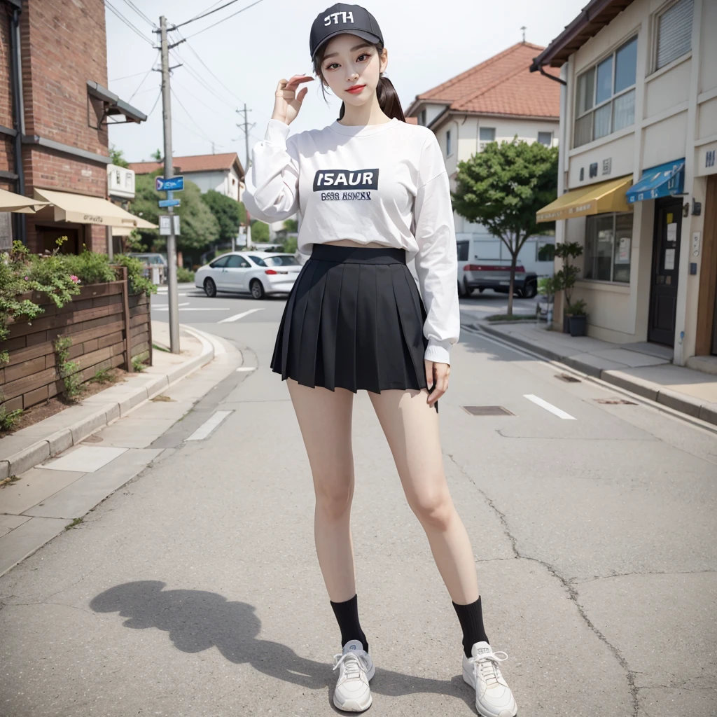 ultra high res, photo, 4k, absurdres, (incredible absurdity), ((masterpiece, best quality)), (wallpaper), (8k hd),perfect_anatomy,realistic ,look the viewer, <lora:YunaKim-15:0.75>,ulzzang-6500-v1.1,pureerosface_v1, ((full body picture)), ((smile)), 1girl, solo, socks, skirt, breasts, black socks, hat, blurry background, kneehighs, full body, blurry, shoes, ponytail, standing, large breasts, brown hair, outdoors, sneakers, shirt, realistic, long sleeves, visor cap, holding