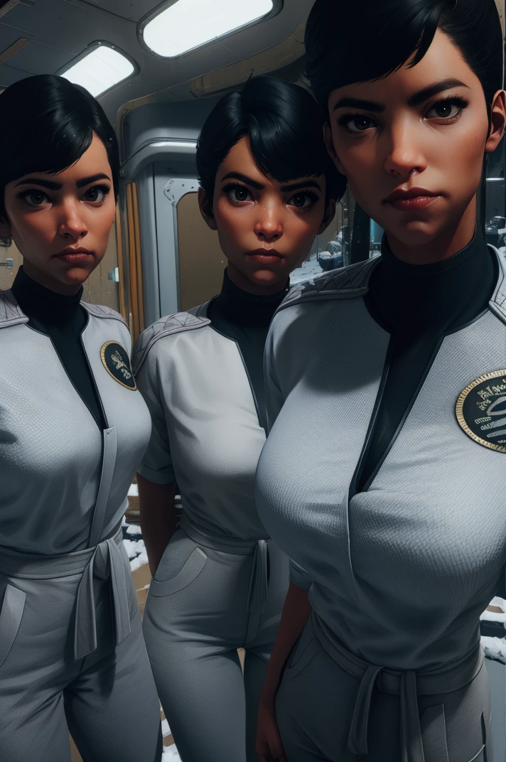 wenjieevans,black hair,short hair,black eyes,
white shirt,triplets,3girls,serious,
looking at viewer,same clothes,
standing,next to each other,
facility,snow,science fiction,
(insanely detailed, beautiful detailed face, masterpiece, best quality),<lora:WenjieEvans:0.9>,