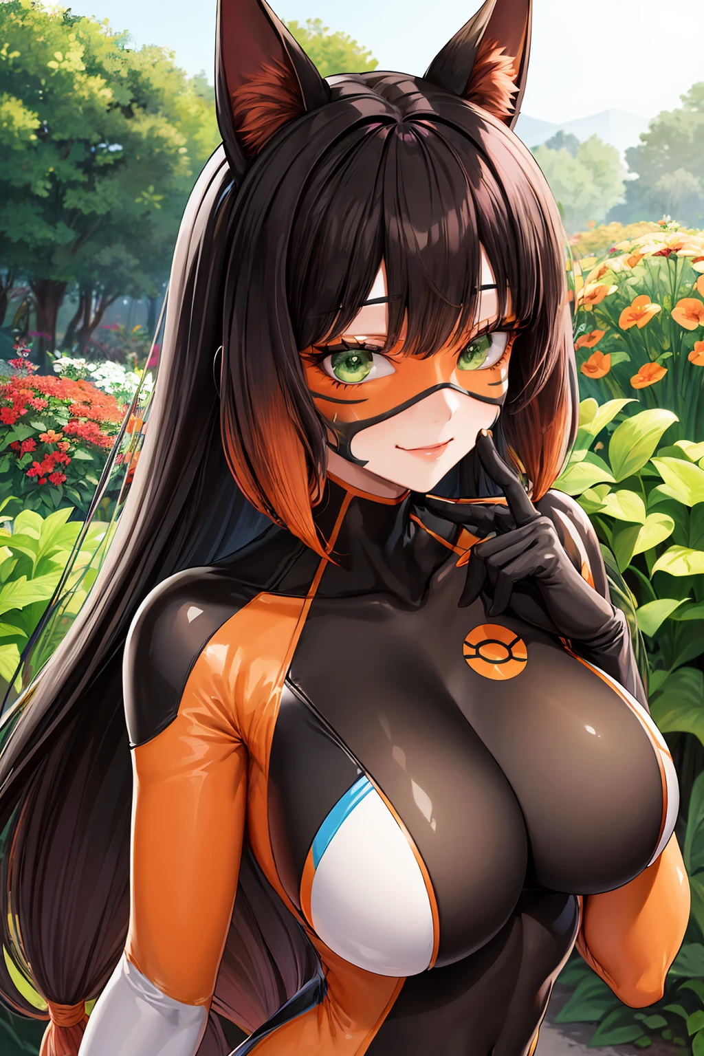 masterpiece, best quality, highres, lilavolpina, green eyes, fringe, long hair, black and orange hair, multicolored hair, bangs, (mask, domino mask), animal ears, orange bodysuit, <lora:lilavolpina:1.0>, looking at viewer, light smile, blush, garden, flowers, <lora:add_detail:0.5>