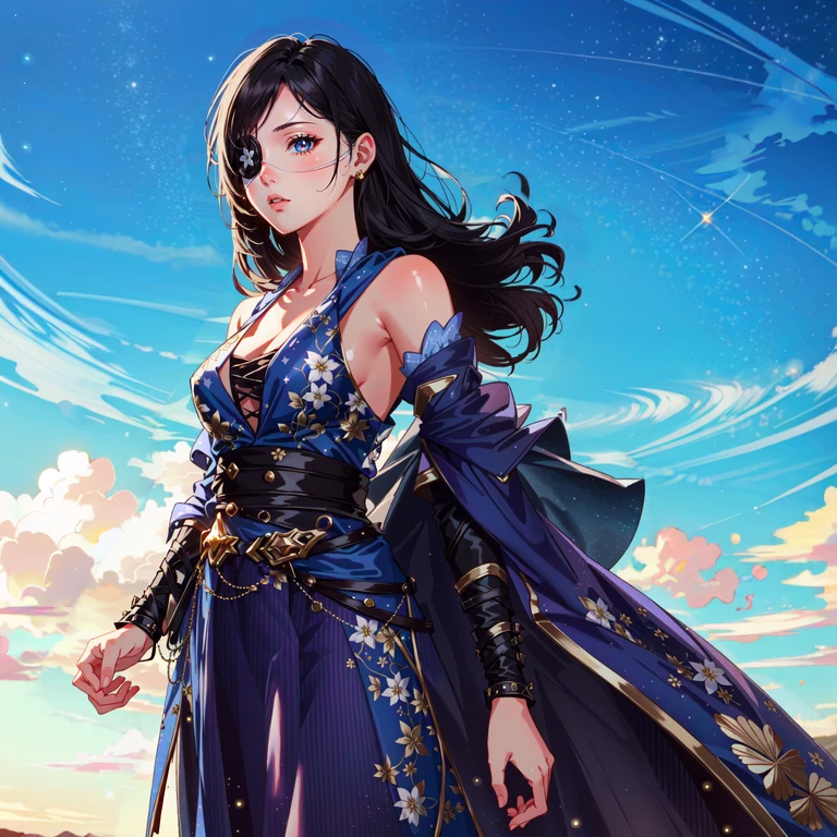 (3d, realistic, 1girl, solo, (eyepatch, flower eye, flower on eye, flower:1.4), standing, bloom, glow, bokeh, sparkle, magic, jewelry, ornaments, fantasy, best quality, masterpiece, highres, extremely detailed CG, extremely detailed 8K wallpaper, extremely detailed character, solo, sharp focus, dramatic angle, cinematic lighting, (extremely delicate and beautiful:1.2):1.1)