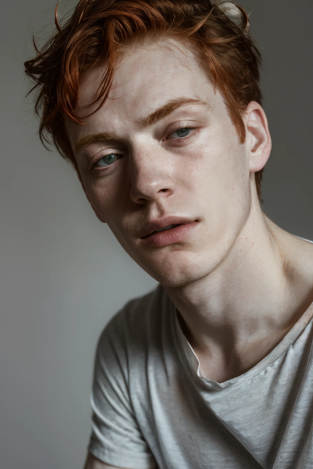 very bright photo portrait,realistic,(Cinematic Lighting:1),(Volumetric Lighting:1.3),close-up,a very tired man,bright redhair,red,pale skin,in a grey t-shirt,Tired_Expression PrettyBoy <lora:Tired_Expression:1.1><lora:PrettyBoyV2:0.7>