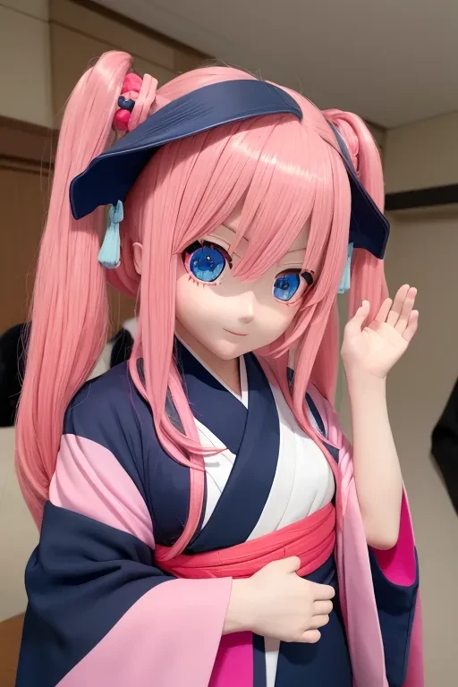 cute girl, kimono, pink hair, blue eyes, upper body, <lora:agkr1:1> animegao, big eyes,