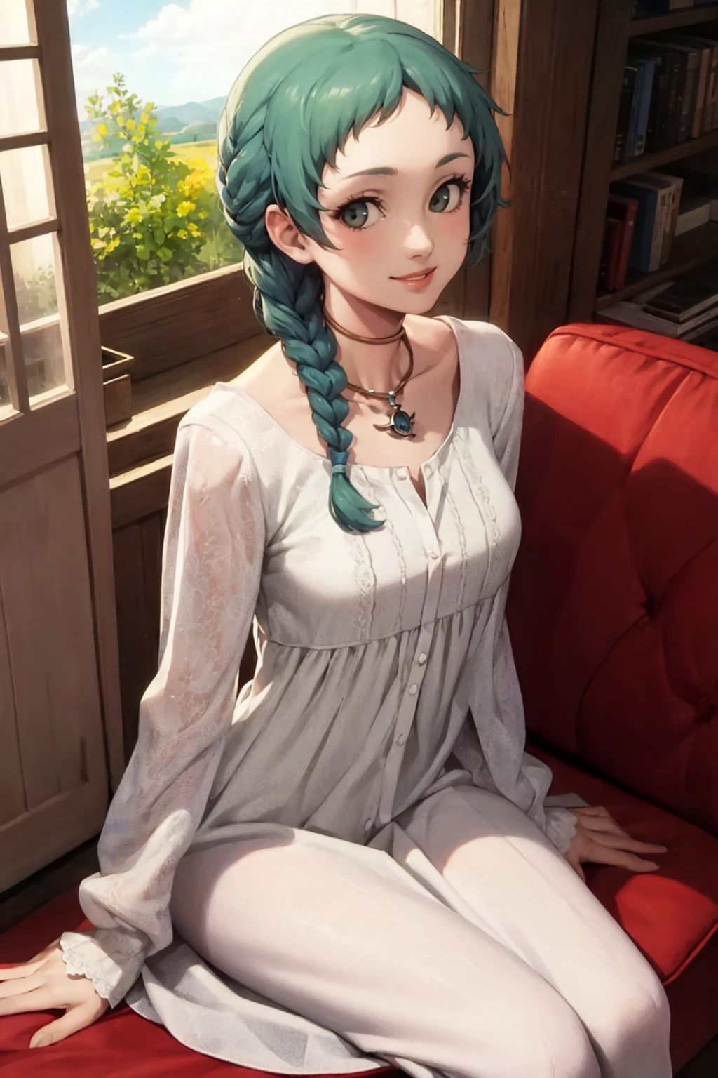 masterpiece, best quality, solo, 1girl, looking at viewer, smile, <lora:Fuuka_Fp:1>, fuukap4a, dress, necklace, braid,