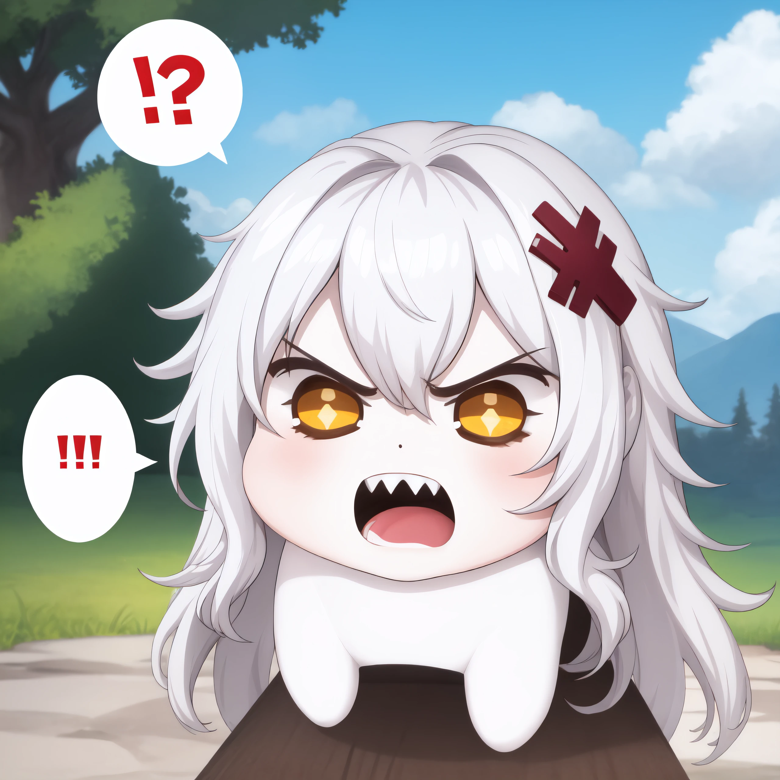 <lora:DoroX_V1:1> masterpiece, best quality, doro, creature, chibi, white hair, scenery, outdoors <lora:yulha-nikke-richy-v1:1.1> yulha, hair ornament, long hair, sharp teeth, angry, open mouth, no humans, speech bubble, spoken exclamation mark, censored, screaming, pale skin