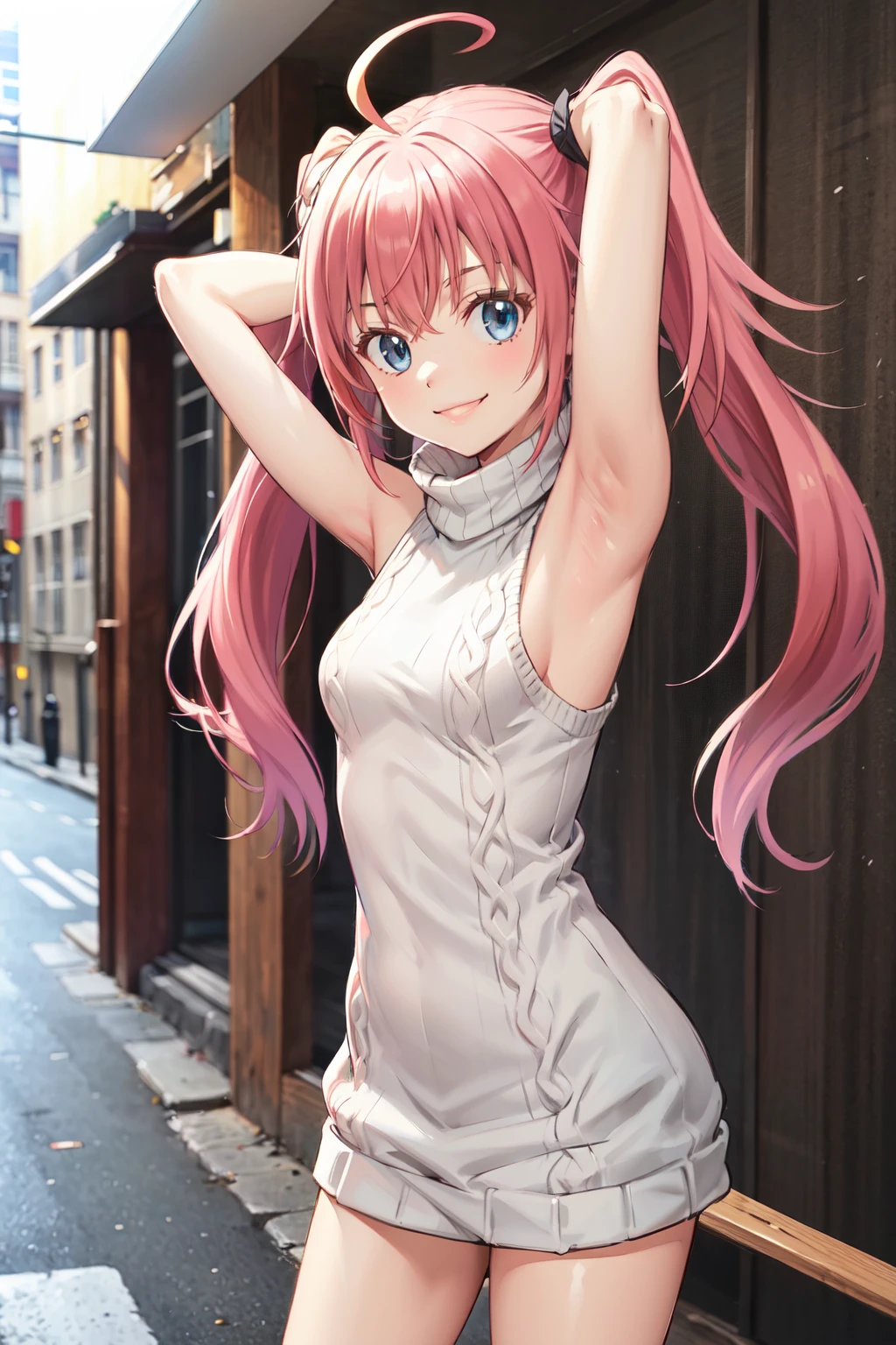 masterpiece,best quality,highres,ultra-detailed,aamilim,long hair,twintails,ahoge,small breasts,<lora:milim_nava:0.9>,(sweater:1.2),(turtleneck:1.2),street,smile,standing,(sleeveless:1.4),arm_behind_head,arms_up,cowboy shot,