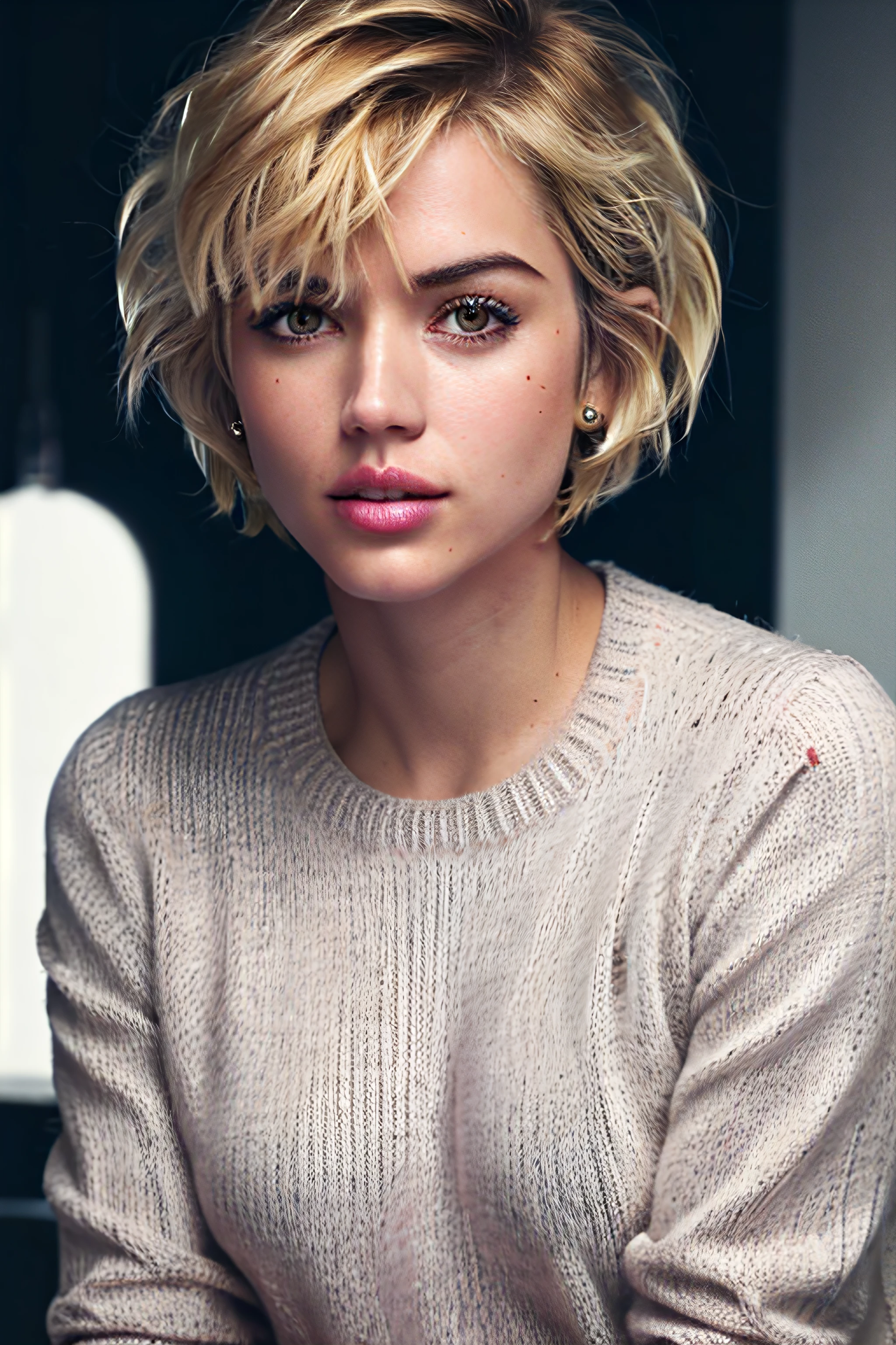 4n4d34, face, short blonde hair, sweater