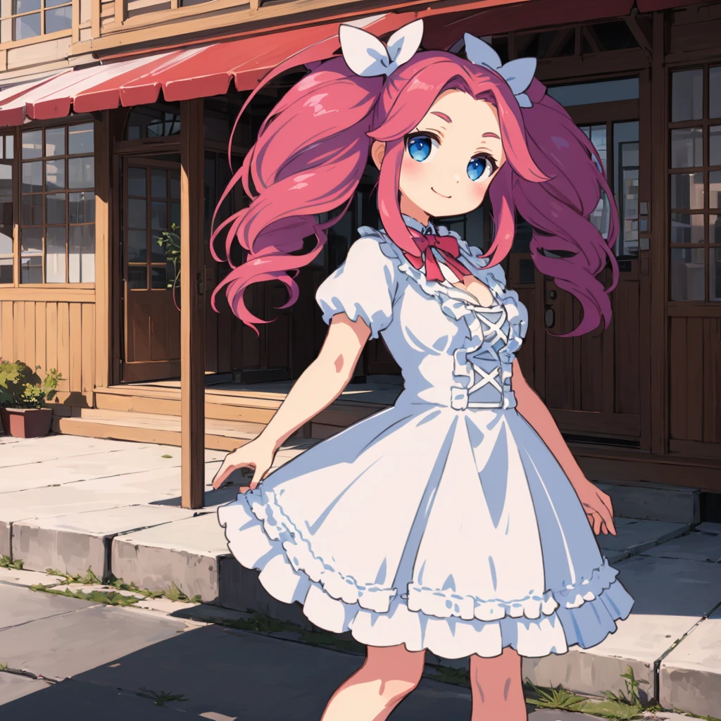 <lora:ShikokuMetan008:0.7>,smile,
ShikokuMetan,1girl,solo,
twin drill hair,
white dress,