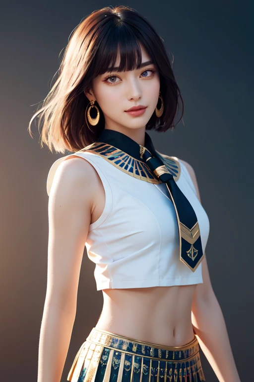 (otherworldly, otherworldly atmosphere, otherworldly appearance), highly insanely detailed, masterpiece, top quality, best quality, highres, 4k, 8k, RAW photo, (long_hair, long hair), collar, earrings, jewelry,
(random colors cloth, random colors hair, random long hair, dynamic hair, glowing hair),
long hair, eyelashes, eyeliner, makeup, hair over one eye,
(dynamic pose), (dynamic weather), (dynamic background), nsfw,
1girl, (portrait:1.2),
((ancient egyptian theme)), golden ornaments,
1girl, short hair, bob cut, bangs, smile, light blush, upper body, head tilt, ancient egyptian sailor_shirt, ancient egyptian pleated_skirt, bowtie, hair behind ear,
BREAK, (fantasy world)