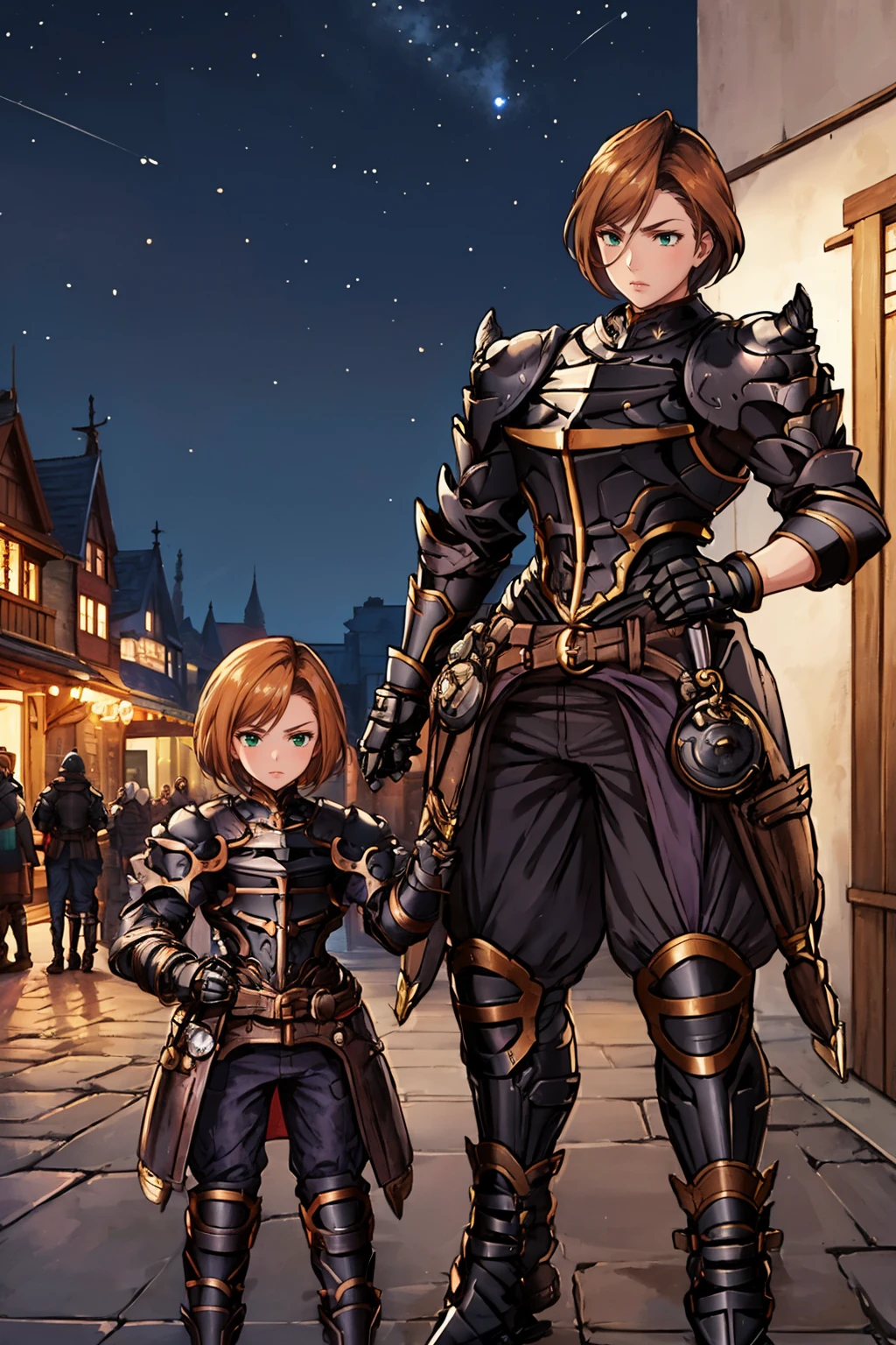 masterpiece, best quality, <lora:gbfbk-nvwls-v1-000009:0.9> gbfBK, short hair, green eyes, armor, shoulder armor, gauntlets, black pants, armored boots, medieval architecture, furrowed brow, night sky, village