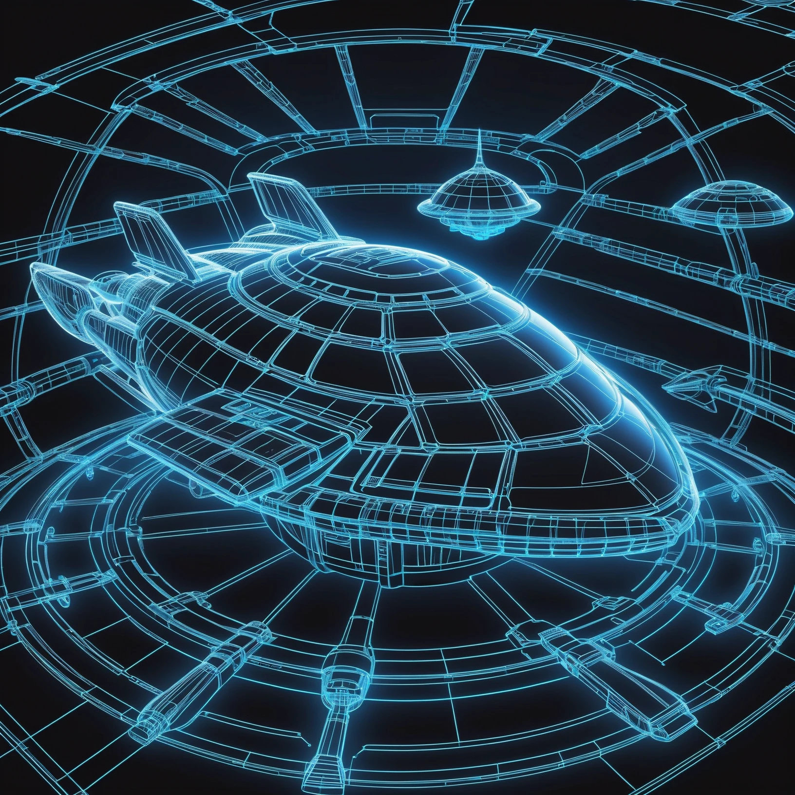 glowing blue on black 3d wireframe, diagram, noon, blue sky, clouds, scenery, scary Danish Pastel interior of an alien space ship<lora:EnvyBetterHiresFixXL01:0:hr=1><lora:EnvyScifiWireframeXL01:1>