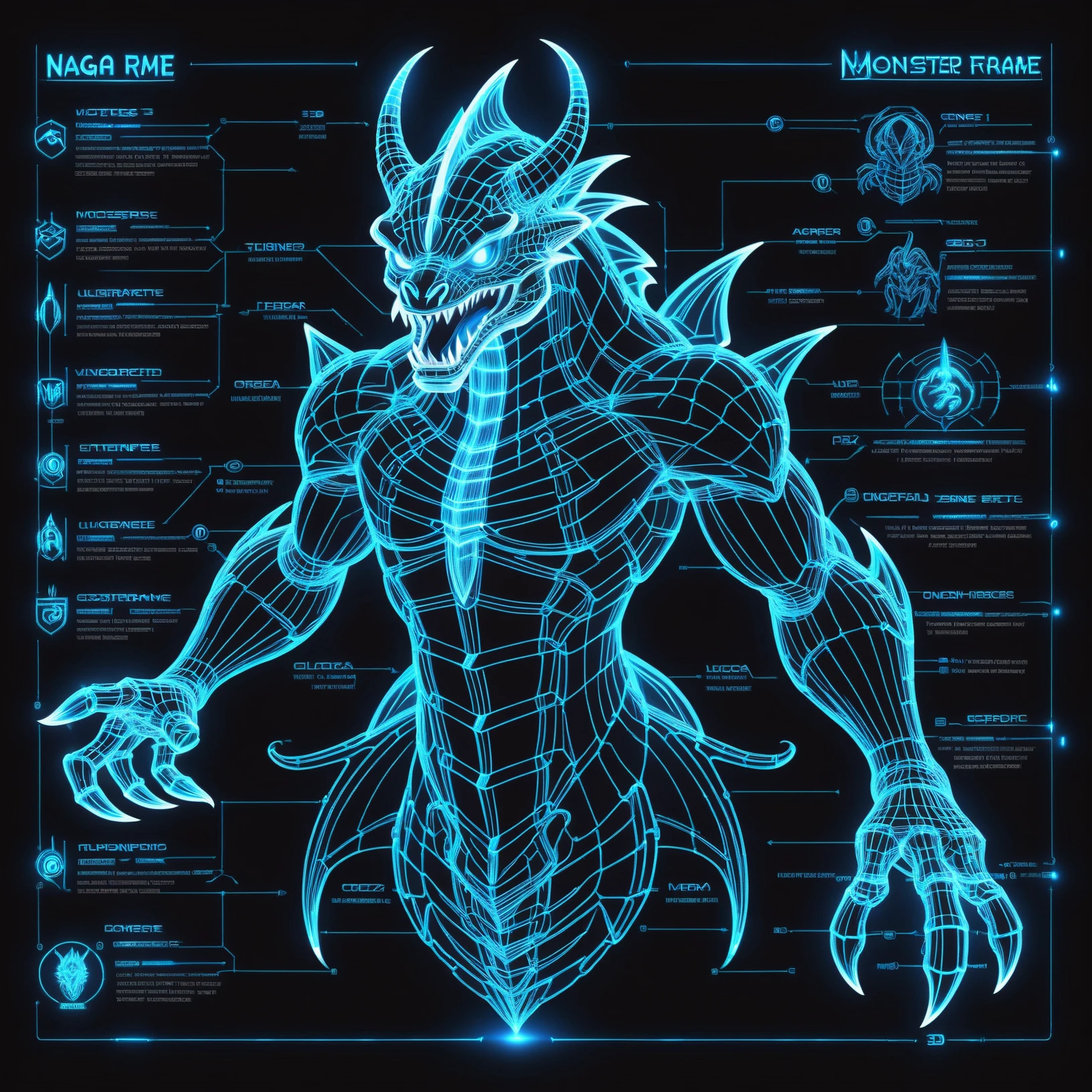 glowing blue on black 3d wireframe, diagram, naga \(monster\)<lora:EnvyBetterHiresFixXL01:0:hr=1><lora:EnvyScifiWireframeXL01:3>
