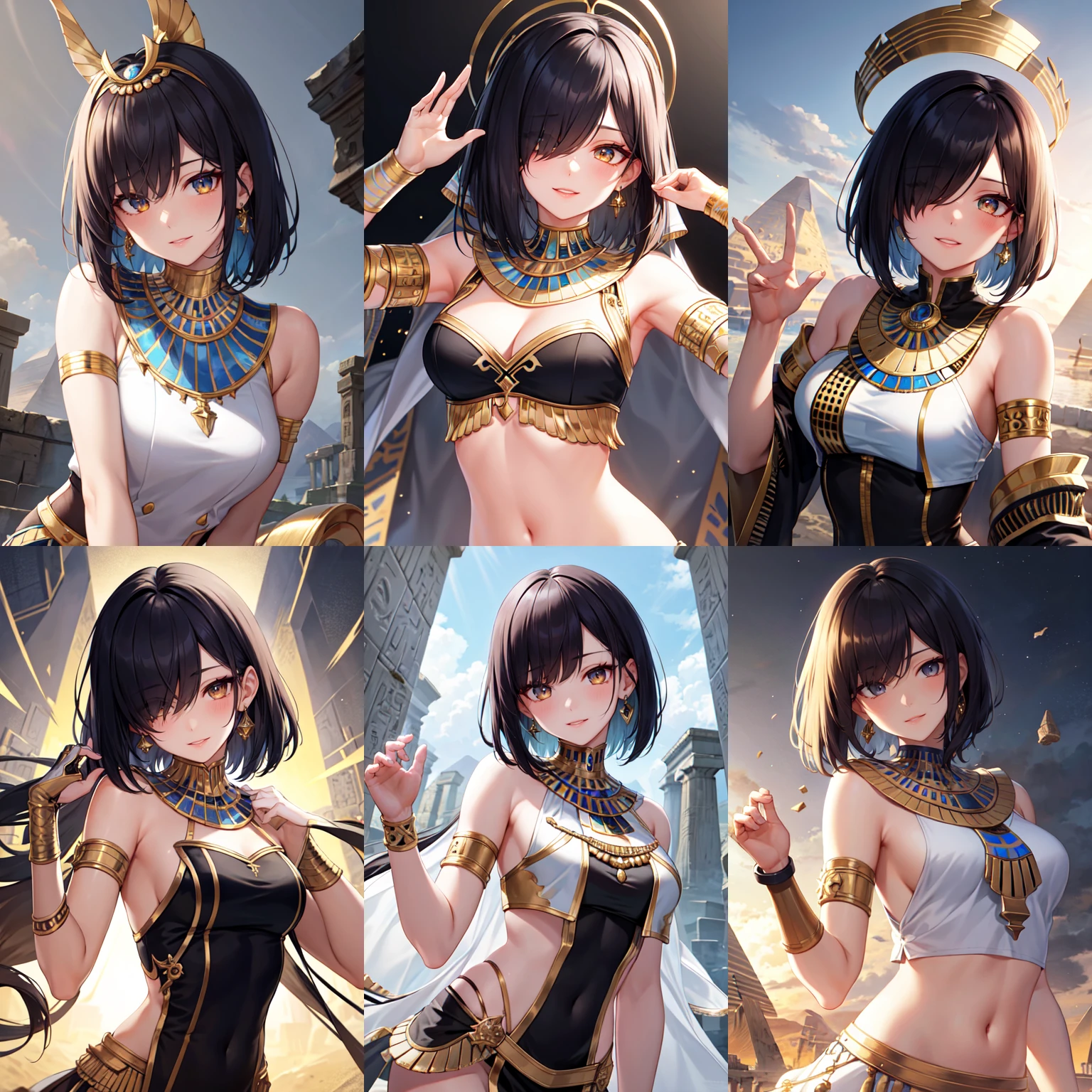 (otherworldly, otherworldly atmosphere, otherworldly appearance), highly insanely detailed, masterpiece, top quality, best quality, highres, 4k, 8k, RAW photo, collar, earrings, jewelry, necklace, armlet,
(long_hair, long hair, random colors cloth, random colors hair, random long hair, dynamic hair, glowing hair),
eyelashes, eyeliner, makeup, hair over one eye,
(dynamic pose), (dynamic weather), (dynamic background), nsfw,
1girl, (portrait:1.2),
((ancient egyptian theme)), golden ornaments,
BREAK
1girl, short hair, bob cut, bangs, smile, light blush, upper body, head tilt, ancient egyptian sailor_shirt, ancient egyptian pleated_skirt, bowtie, hair behind ear,
BREAK, (fantasy world)