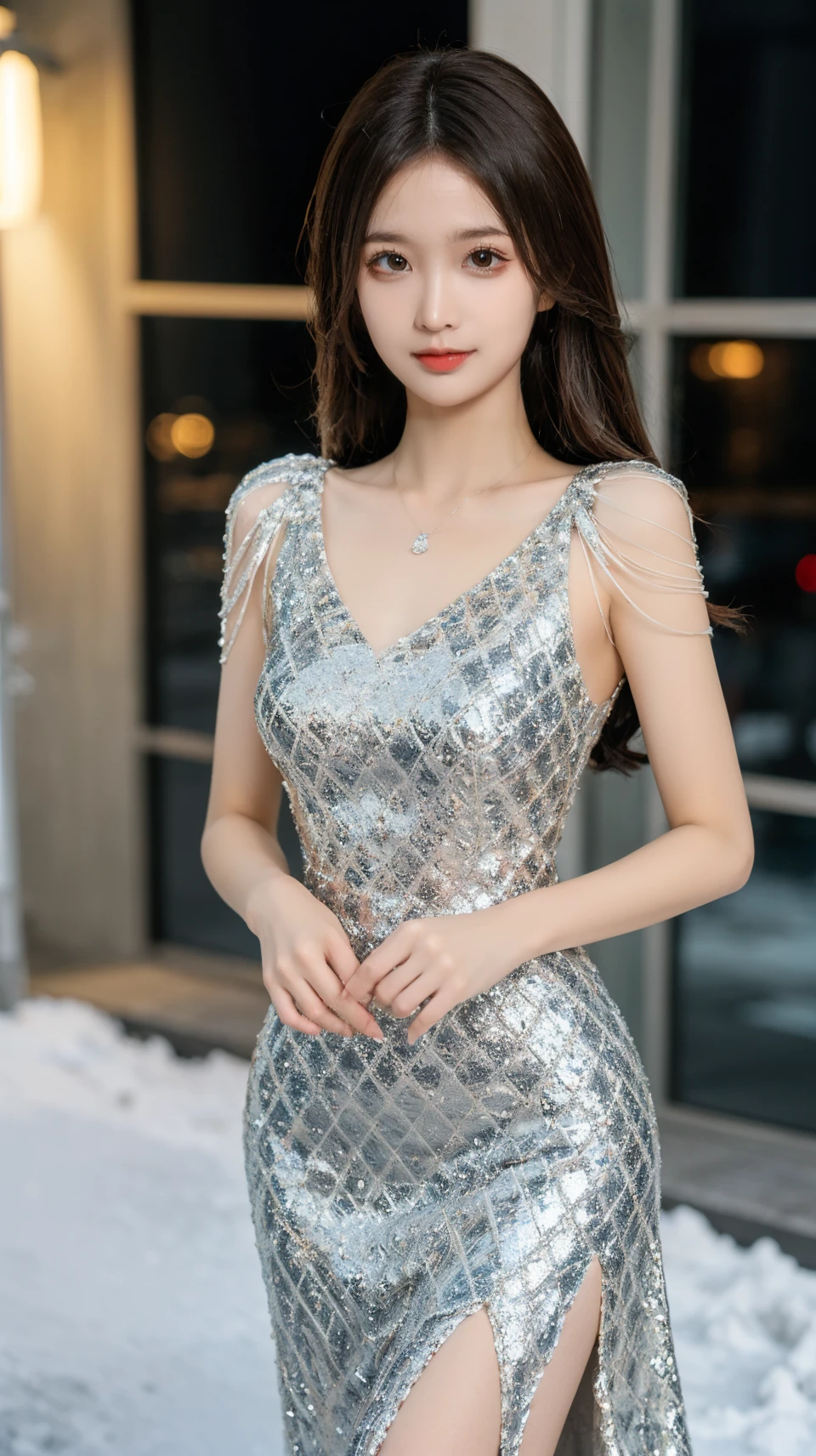 best quality,HDR,UHD,8K,Vivid Colors,solo,front mirror,photo_,(medium),cute & girly,(1girl:1.3),(standing:1.3),snowing,(evening:1.2),(looking at viewer:1.4),Elegant,Angelic,detailed gorgeous face,<lora:momo:0.5>,<lora:rc50:0.75>,rc,shiny,long dress,