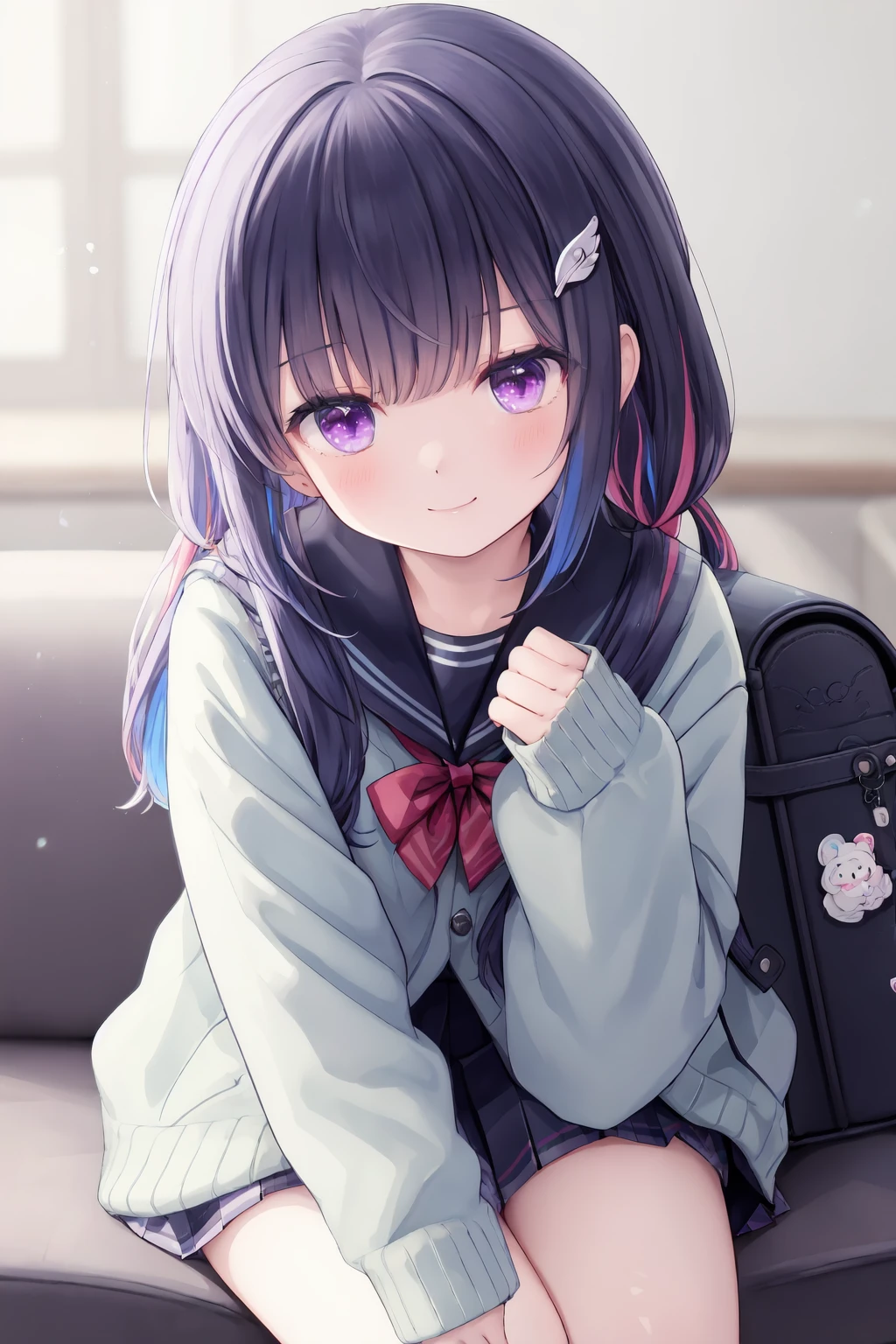 1girl, lize helesta, virtual youtuber, bag, solo, long hair, hair ornament, multicolored hair, looking at viewer, purple eyes, bangs, long sleeves, sitting, pleated skirt, cardigan, closed mouth, sleeves past wrists, blue cardigan, school uniform, school bag, blue hair, braid, blurry background, white hair, blurry, sailor collar, indoors, smile, blush, depth of field, backpack, two-tone hair, hairclip, couch, yunmi style, sf5etf98, s6f8ey8vsdj, dr6g8cvwo, s5fr8gt, a35veo8vsdo, c6gw9oyh, c6s9eo5j
