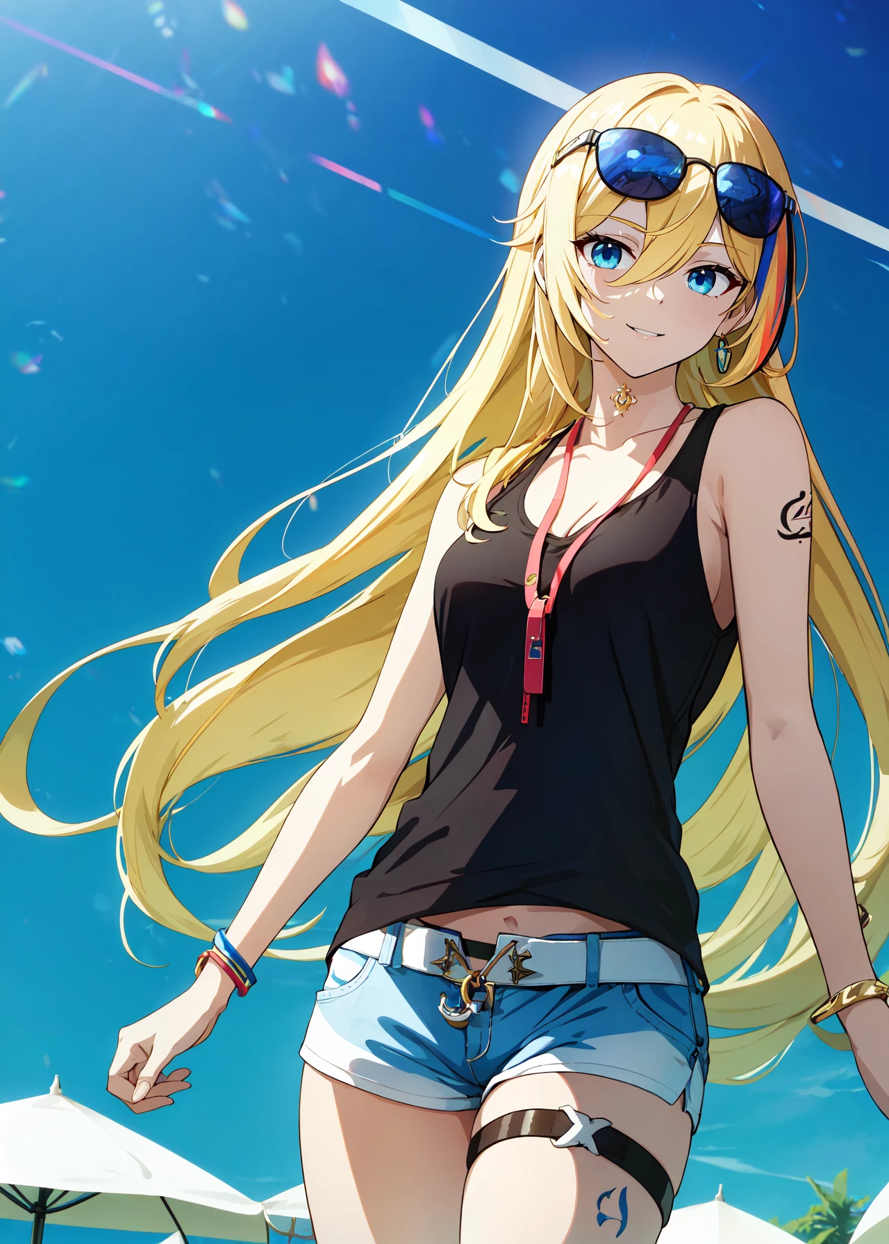 absurdres, highres, (official art, beautiful and aesthetic:1.2), ultra detail, beautiful person, bangs, blue eyes, blonde hair, long hair, very long hair, smile, hair between eyes, streaked hair,
shirt, cleavage,jewelry, shorts, sleeveless, belt, see-through, short shorts, thigh strap, blue shirt, white shorts, barcode, barcode tattoo, blue tank top, swimsuit,
bare shoulders, swimsuit, bikini, sunglasses, eyewear on head, white shorts,
wind effect, bianka durandal ataegina,
<lora:durandal_agenate:0.7>