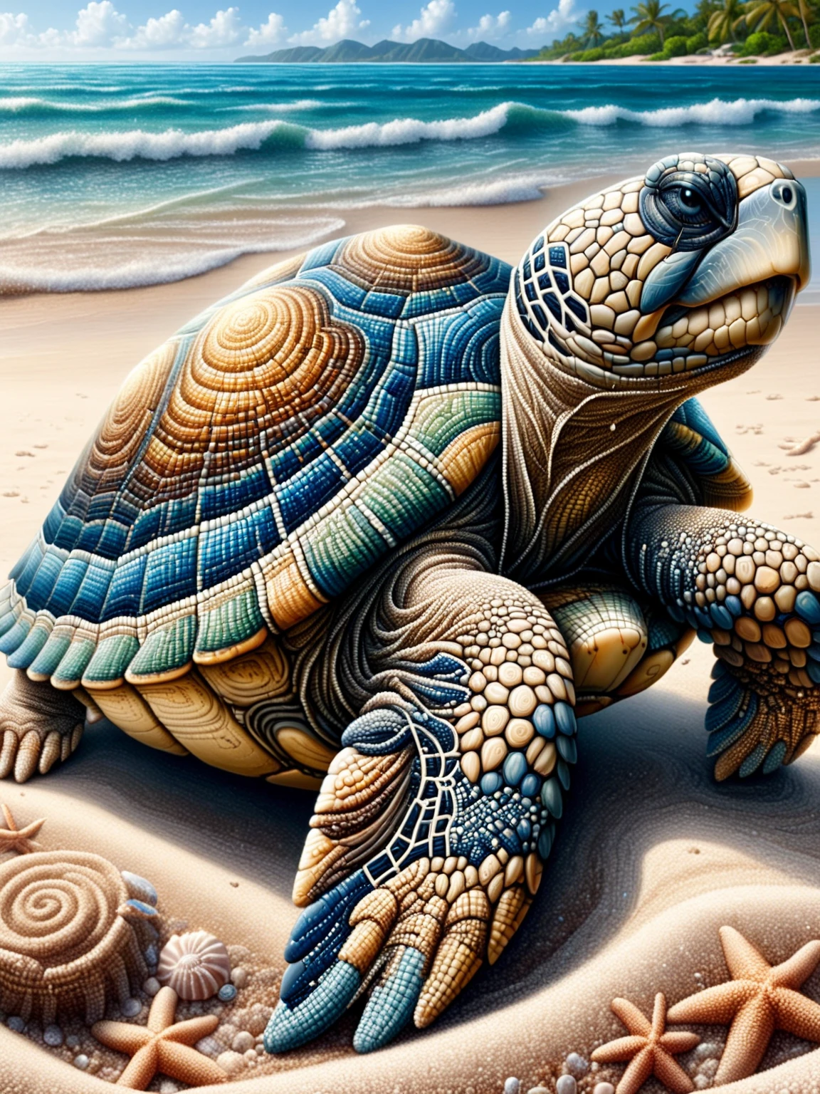 An intricate ais-mosaic Turtle on a sandy beach<lora:Mosaic_Texture_SDXL:1>