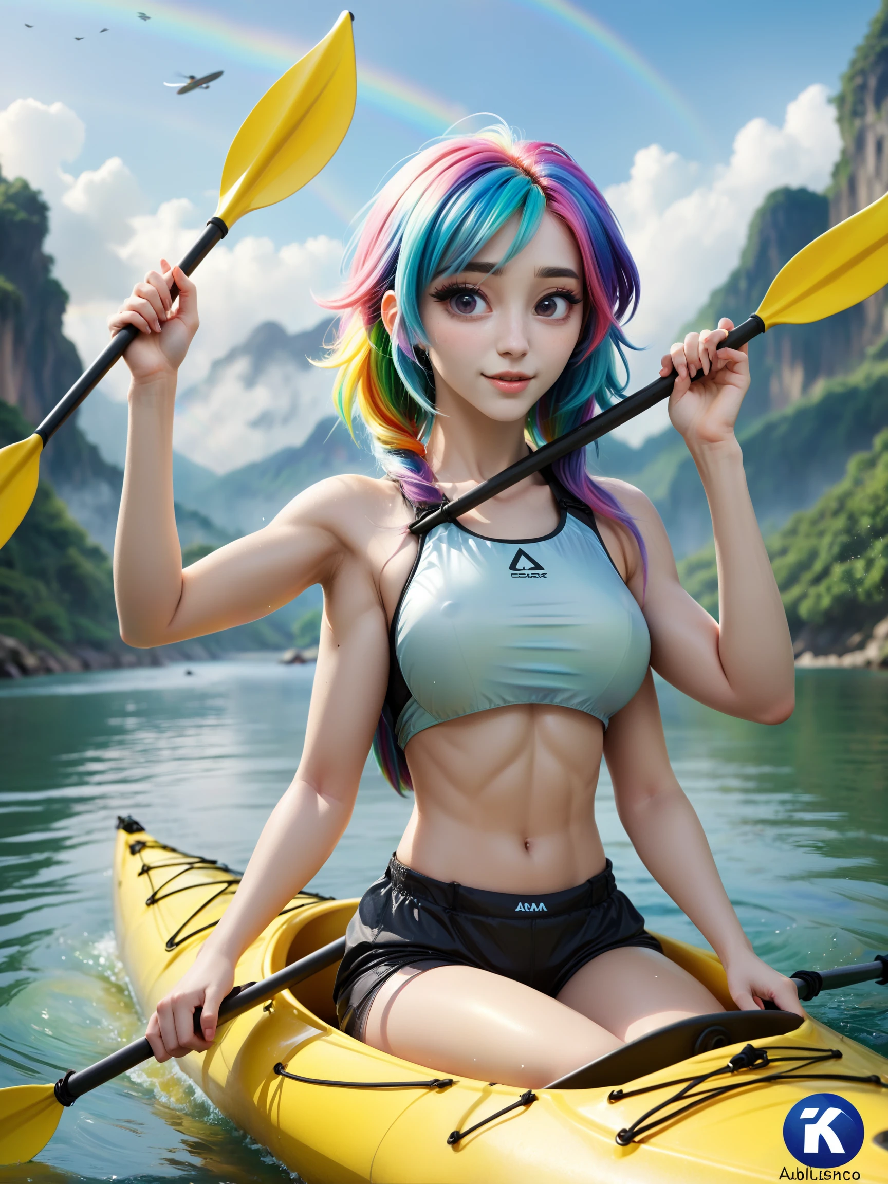 <lora:multiarm-4-v2.1_adam-cosine_16x8-4x1-000004:0.9>
a 4arm woman with rainbow hair kayaking, detailed background, masterpiece, best quality, high quality, highres, absurdres, award-winning, professional, highly detailed