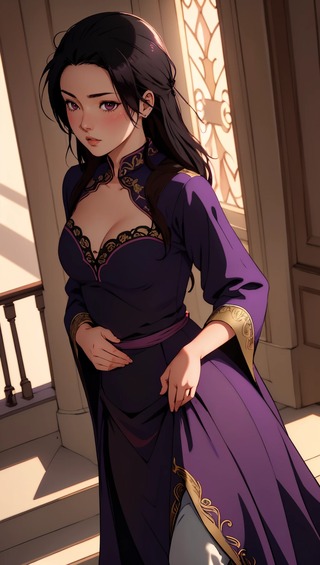 ultra detailed, sharp focus, best quality, masterpiece, <lora:NSChinaHetalia:1> NSChinaHetalia, black hair, purple gown, blush, standing on stairs, best quality, dynamic lighting, masterpiece, intricate details,