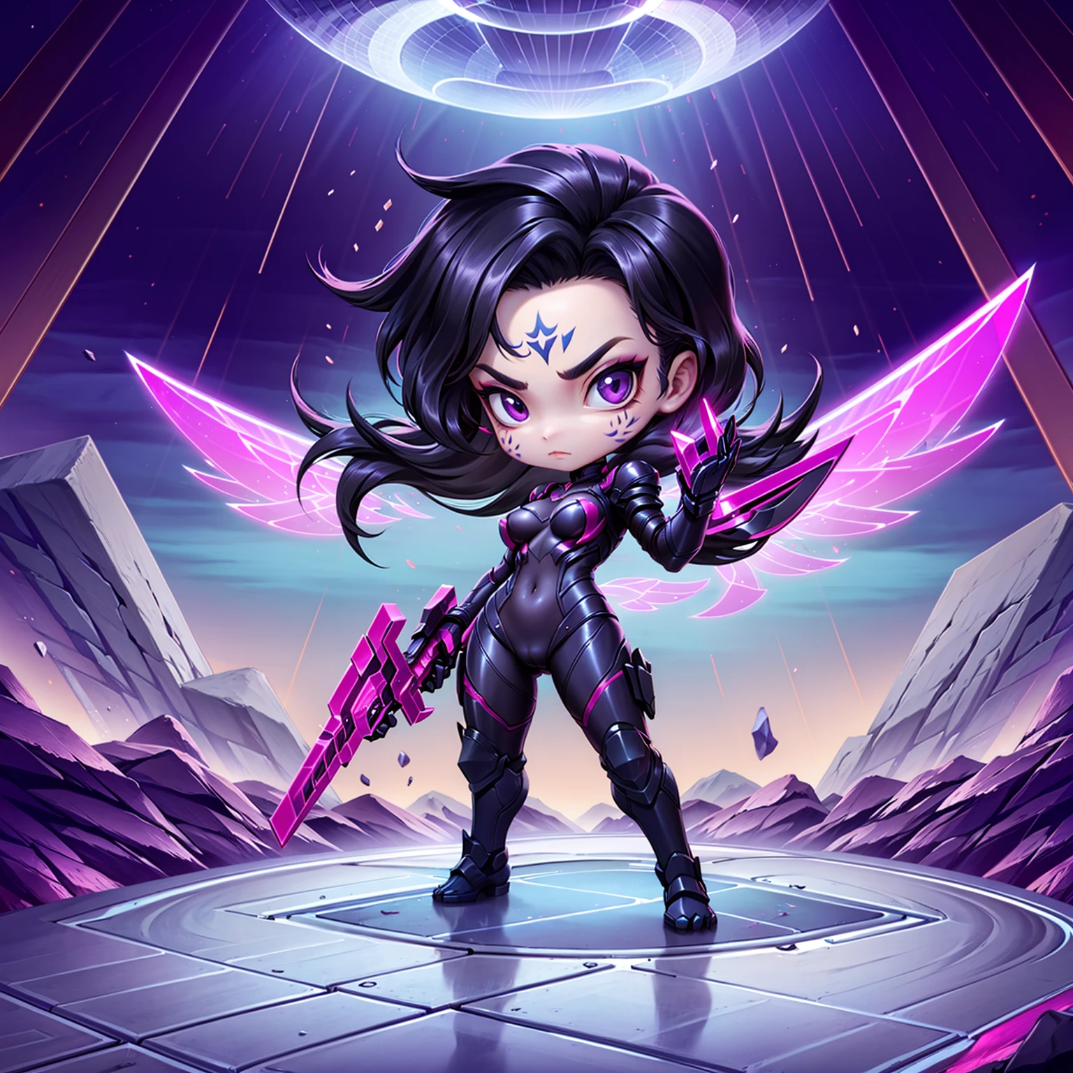 HEZI,Teamfight Tactics,little heroes,1girl,solo,bodysuit,long hair,facial mark,chibi,purple eyes,full body,looking at viewer,breasts,purple hair,black hair,standing,blue bodysuit,hand up,weapon,bangs,makeup,pink eyes,official alternate costume,closed mouth,medium breasts,outdoors,v-shaped eyebrows,multicolored bodysuit,multicolored clothes,parted bangs,rock,armor,shiny,serious,shiny hair,gloves,skin tight,small breasts,covered navel,wings,artist name,holding,alternate costume,multicolored hair,gun,dark skin,black bodysuit,floating hair,clenched hand,<lora:å°å°è±é-000010:0.65>,