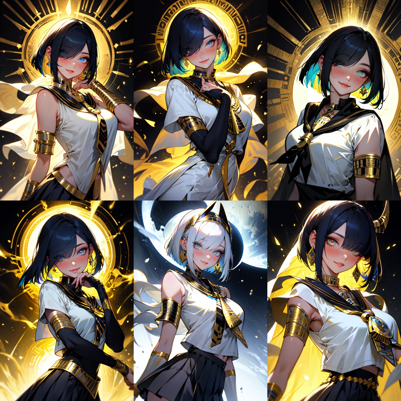 (otherworldly, otherworldly atmosphere, otherworldly appearance), highly insanely detailed, masterpiece, top quality, best quality, highres, 4k, 8k, RAW photo, collar, earrings, jewelry, necklace, armlet,
(long_hair, long hair, random colors cloth, random colors hair, random long hair, dynamic hair, glowing hair),
eyelashes, eyeliner, makeup, hair over one eye,
(dynamic pose), (dynamic weather), (dynamic background), nsfw,
1girl, (portrait:1.2),
((ancient egyptian theme)), golden ornaments,
BREAK
1girl, short hair, bob cut, bangs, smile, light blush, upper body, head tilt, ancient egyptian sailor_shirt, ancient egyptian pleated_skirt, bowtie, hair behind ear,
BREAK, (fantasy world)