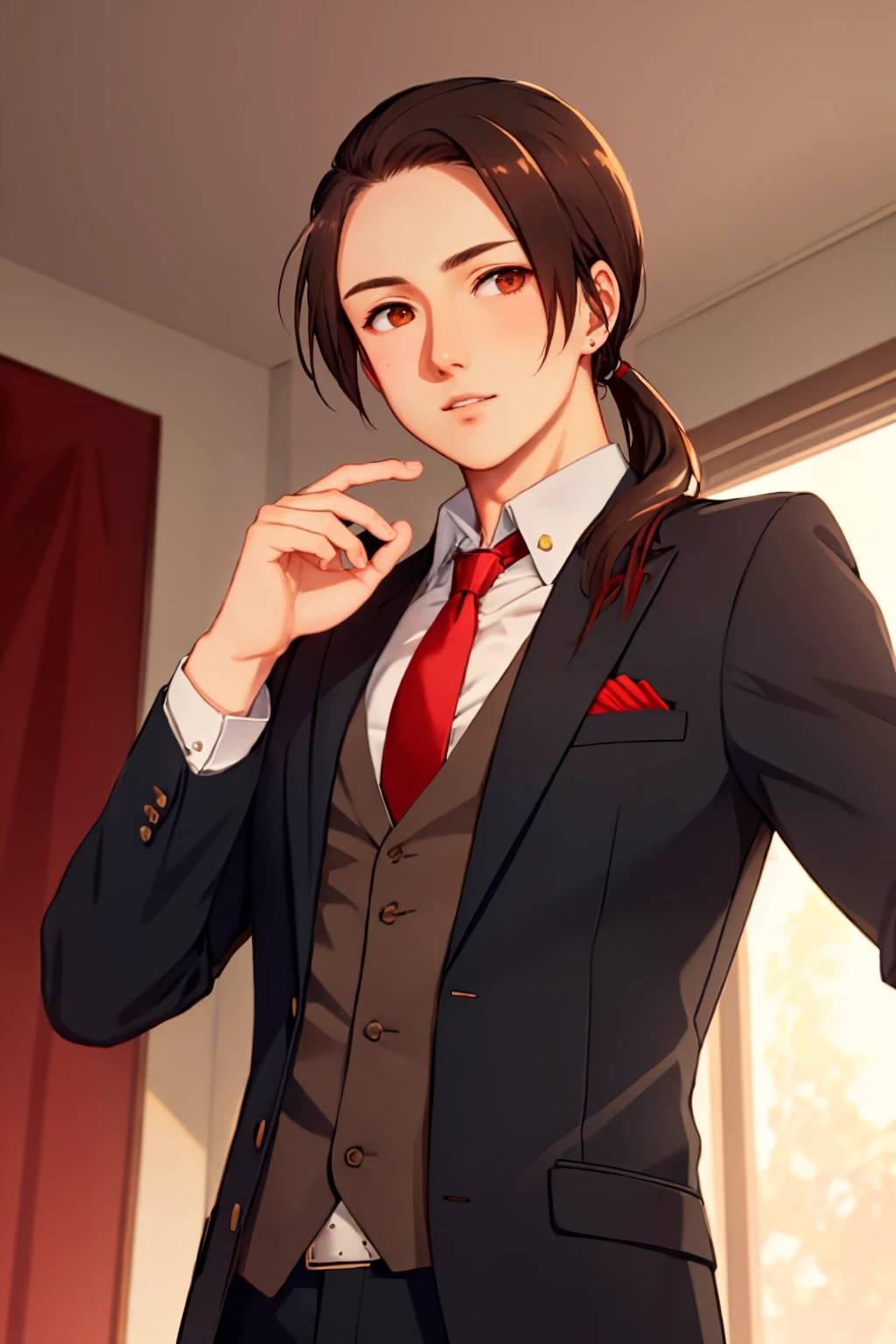 ultra detailed, sharp focus, best quality, masterpiece, <lora:NSChinaHetalia:1> NSChinaHetalia, brown hair, formal suit, red necktie, low ponytail, POV, looking at the viewer, best quality, dynamic lighting, masterpiece, intricate details,