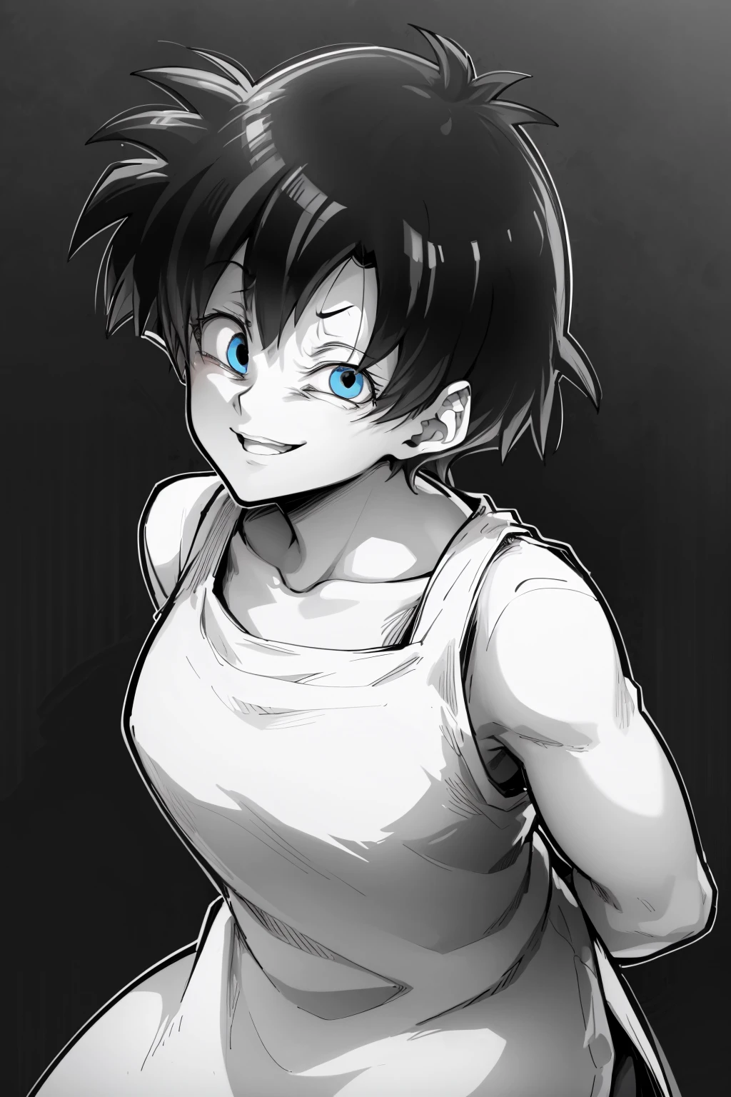 masterpiece, best quality, monochrome, greyscale, ebiblue, 1girl, videl, black hair, short hair, blue eyes, shirt, upper body, sadistic smile, arms behind back, leaning forward, looking at viewer, black background <lora:Ebiblue:1> <lora:Videl:1>
