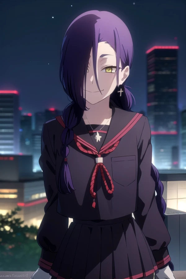 maganechikujouin, <lora:magane chikujouin s1-lora-nochekaiser:1>,
magane chikujouin, long hair, purple hair, braid, single braid, (hair over one eye:1.5), (yellow eyes:1.3), smile, grin,
BREAK skirt, thighhighs, gloves, jewelry, school uniform, earrings, serafuku, black gloves, black thighhighs, necklace, zettai ryouiki,
BREAK outdoor, city, night, sky, buildings, moon, clouds,
BREAK looking at viewer, (cowboy shot:1.5),
BREAK <lyco:GoodHands-beta2:1>, (masterpiece:1.2), best quality, high resolution, unity 8k wallpaper, (illustration:0.8), (beautiful detailed eyes:1.6), extremely detailed face, perfect lighting, extremely detailed CG, (perfect hands, perfect anatomy),