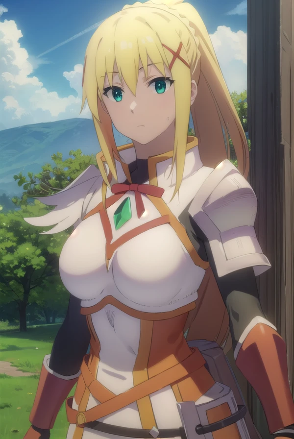 lalatinadustinessford, <lora:lalatina dustiness ford movie-lora-nochekaiser:1>,
lalatina dustiness ford, darkness \(konosuba\), long hair, (green eyes:1.3), blonde hair, hair ornament, ponytail, braid, x hair ornament,
BREAK gloves, armor, bodysuit, shoulder armor, armored dress,
BREAK outdoor, forest, nature, trees, village, sky, sun, clouds,
BREAK looking at viewer, (cowboy shot:1.5),
BREAK <lyco:GoodHands-beta2:1>, (masterpiece:1.2), best quality, high resolution, unity 8k wallpaper, (illustration:0.8), (beautiful detailed eyes:1.6), extremely detailed face, perfect lighting, extremely detailed CG, (perfect hands, perfect anatomy),