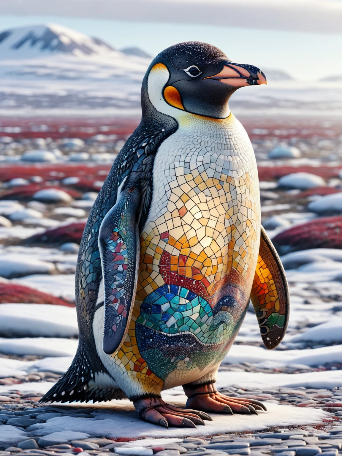 A colorful ais-mosaic penguin on the tundra <lora:Mosaic_Texture_SDXL:1>