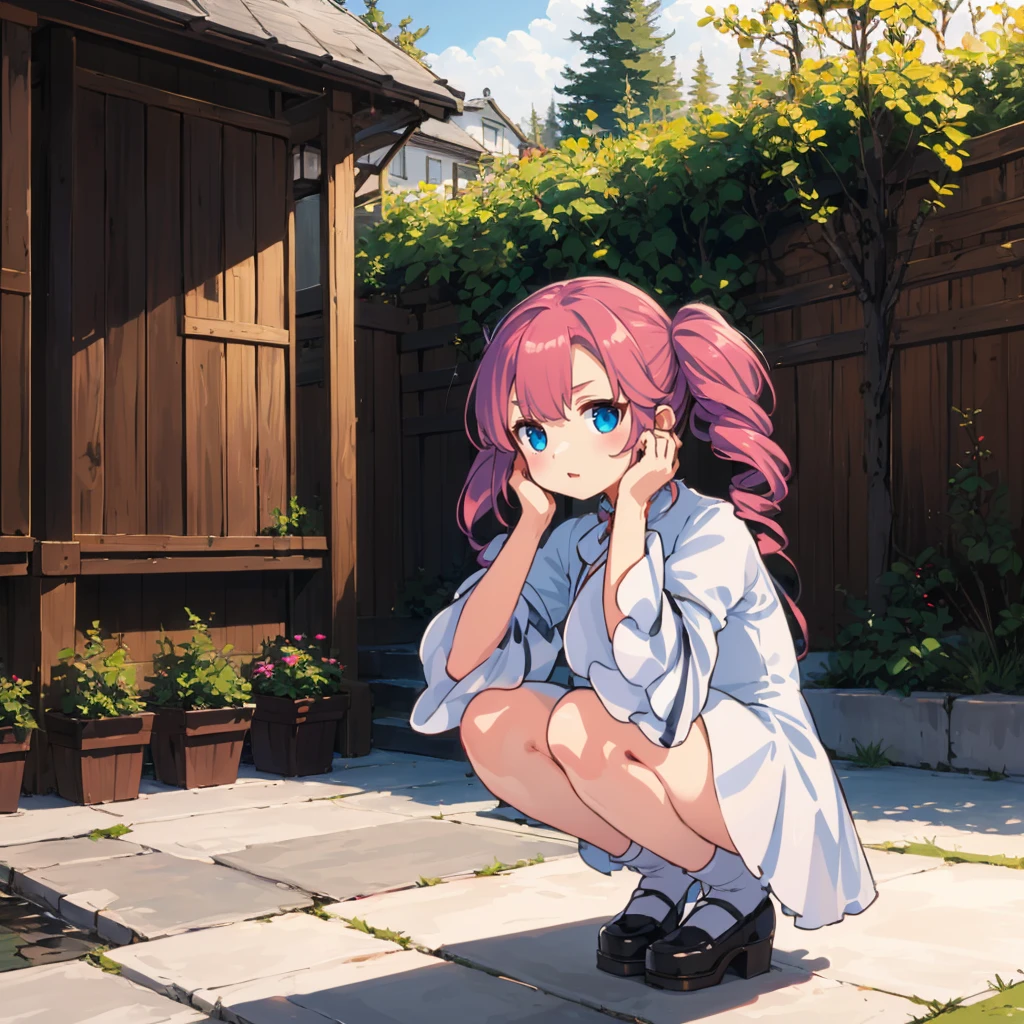 <lora:ShikokuMetan008:0.7>,solo,
ShikokuMetan,1girl,twin drill hair,
white dress,wide_sleeves,
squatting,