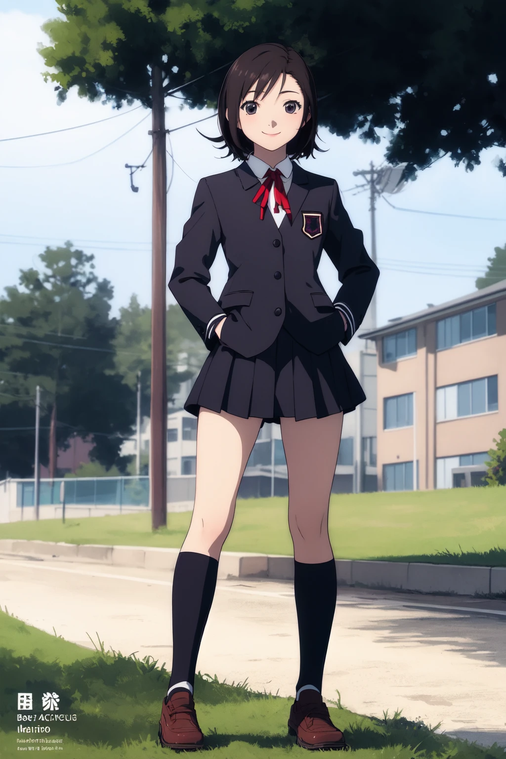 (RAW photo, best quality), 1girl, natural lighting, outdoor, solo, high school girl, full body, long socks, standing, smile, hand on hips,
school uniform, high school girl, JK, jacket, ribbon,
<lora:alice_mizuki_lain_v1_2:1> alice_mizuki