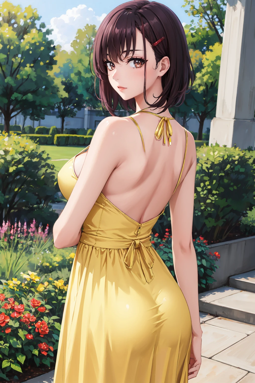 masterpiece, best quality,  <lora:smikazuki-nvwls-v1-000009:0.9> shizuka mikazuki, hairclip, large breasts, (yellow sundress:1.2), from behind, garden, looking at viewer