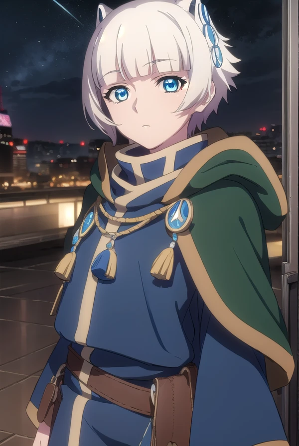 meteoraosterreich, <lora:meteora osterreich s1-lora-nochekaiser:1>, 
meteora osterreich, short hair, bangs, blue eyes, hair ornament, white hair, blunt bangs,
BREAK cape, cloak,
BREAK outdoor, city, night, sky, buildings, moon, clouds,
BREAK looking at viewer, (cowboy shot:1.5),
BREAK <lyco:GoodHands-beta2:1>, (masterpiece:1.2), best quality, high resolution, unity 8k wallpaper, (illustration:0.8), (beautiful detailed eyes:1.6), extremely detailed face, perfect lighting, extremely detailed CG, (perfect hands, perfect anatomy),
