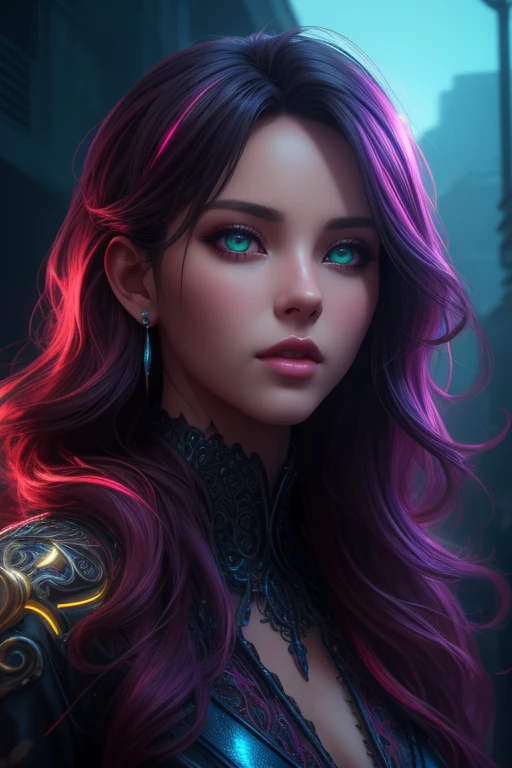 colorful, neon, beautiful cute girl, lush long fluffy hair, beautiful detailed face, best quality, extremely detailed, colorful, neon, sci-fi, cinematic, colorful background, concept art, dramatic lighting, high detail, highly detailed, hyper realistic, intricate, intricate sharp details, octane render, smooth, natural lighting, trending on artstation
