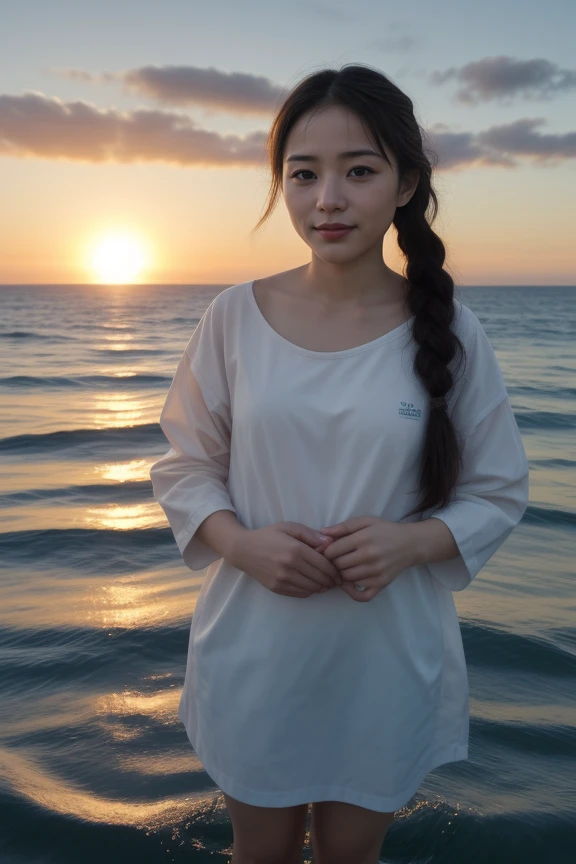10. A female marine biologist (ethnicity: Black, age: mid-30s) on a research boat (setting: oceanic, sunrise). She's wearing practical, waterproof gear (fabric: weather-resistant) with binoculars slung around her neck. Her hair is in a practical braid, and her makeup is natural, with a focus on sun protection. She's observing marine life (species: dolphins), with a look of joy and fascination, surrounded by the vast ocean and the early morning sun casting a golden glow on the water.
